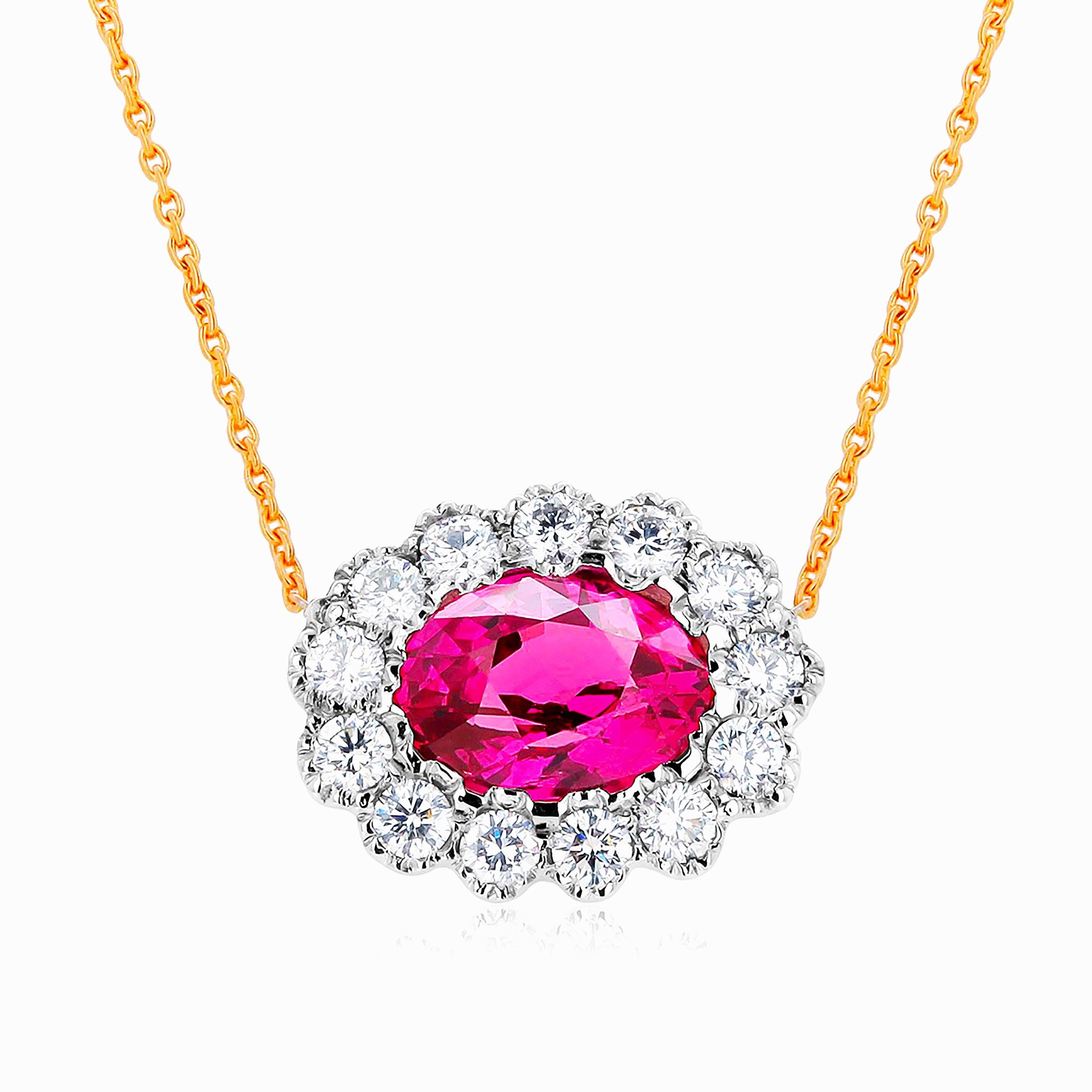 Oval Cut Oval Ruby Surrounded by Diamonds White and Rose Gold Layered Necklace Pendant