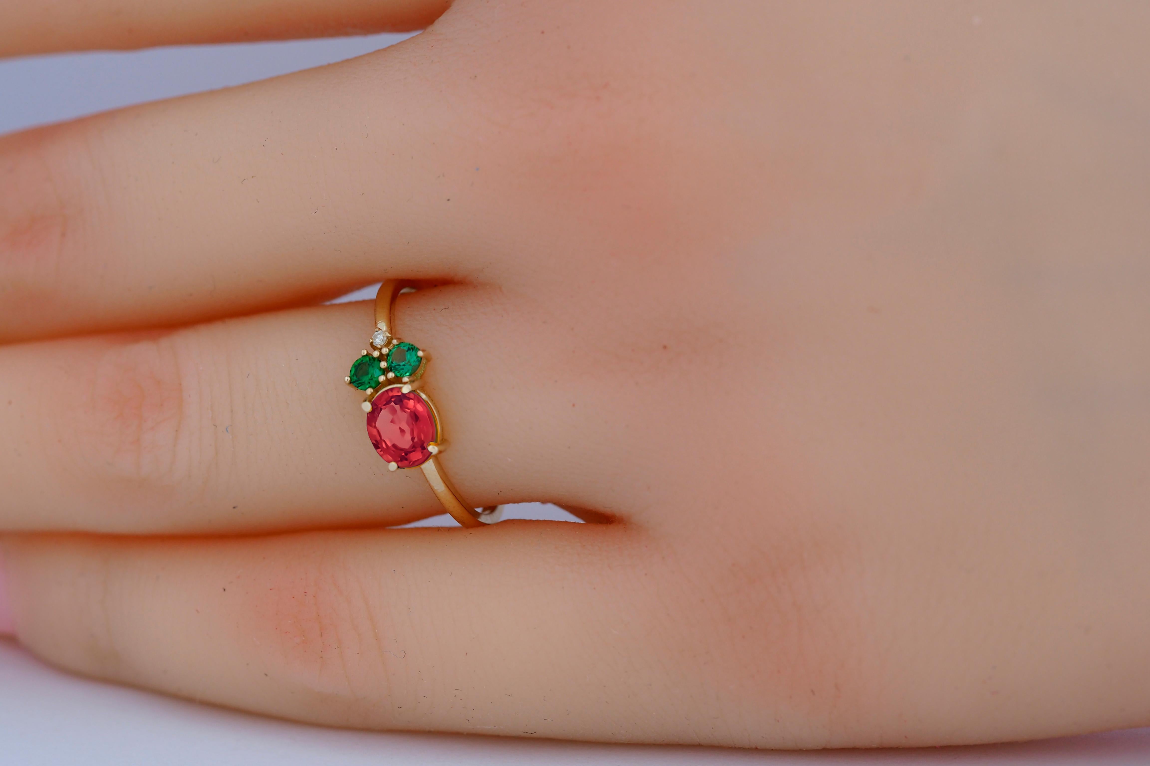 For Sale:  Oval ruby, tsavorite and diamonds 14k gold ring. 2