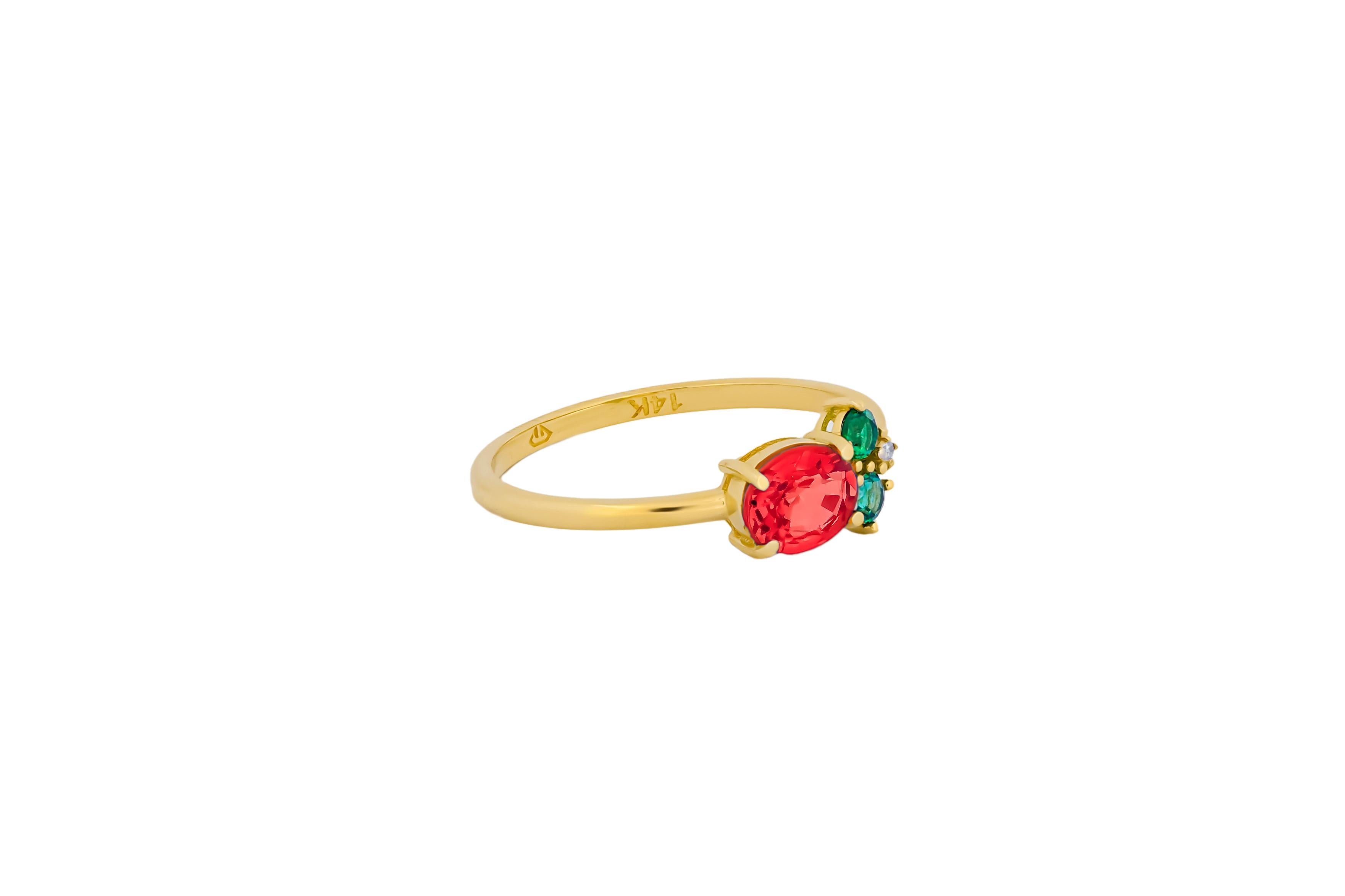 Oval ruby, tsavorite and diamonds 14k gold ring. In New Condition For Sale In Istanbul, TR