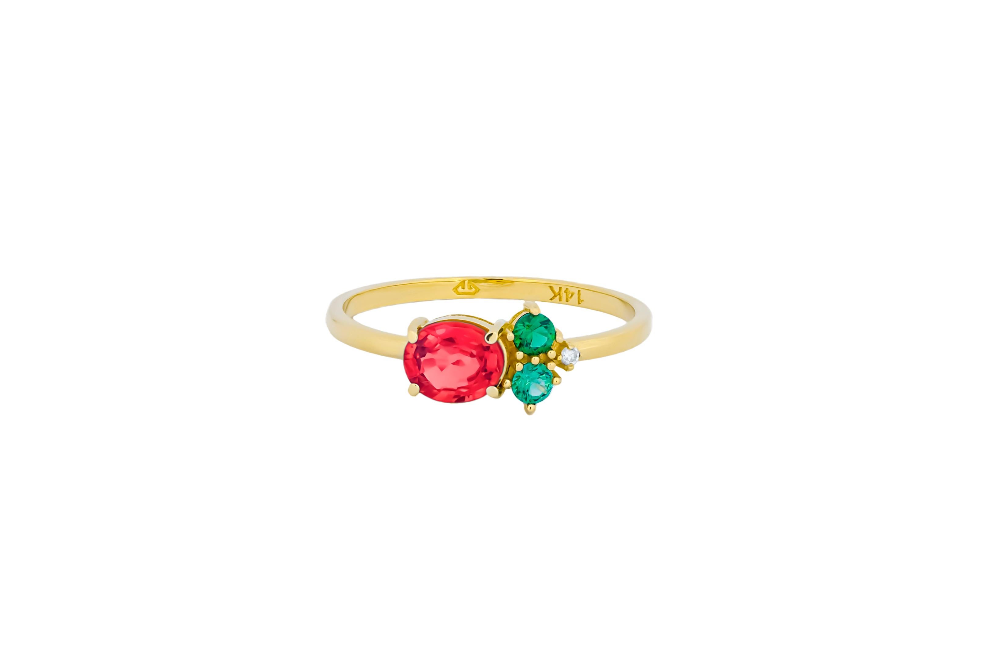 Women's Oval ruby, tsavorite and diamonds 14k gold ring. For Sale