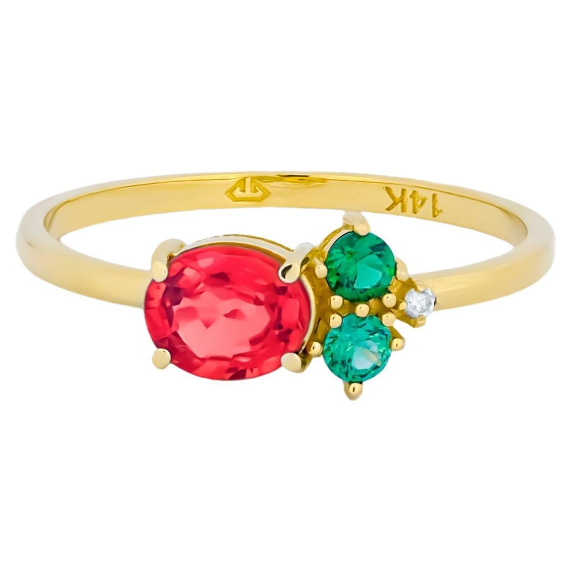 Ovaler Ring mit Rubin, Tsavorit und Diamanten aus 14 Karat Gold. im Angebot