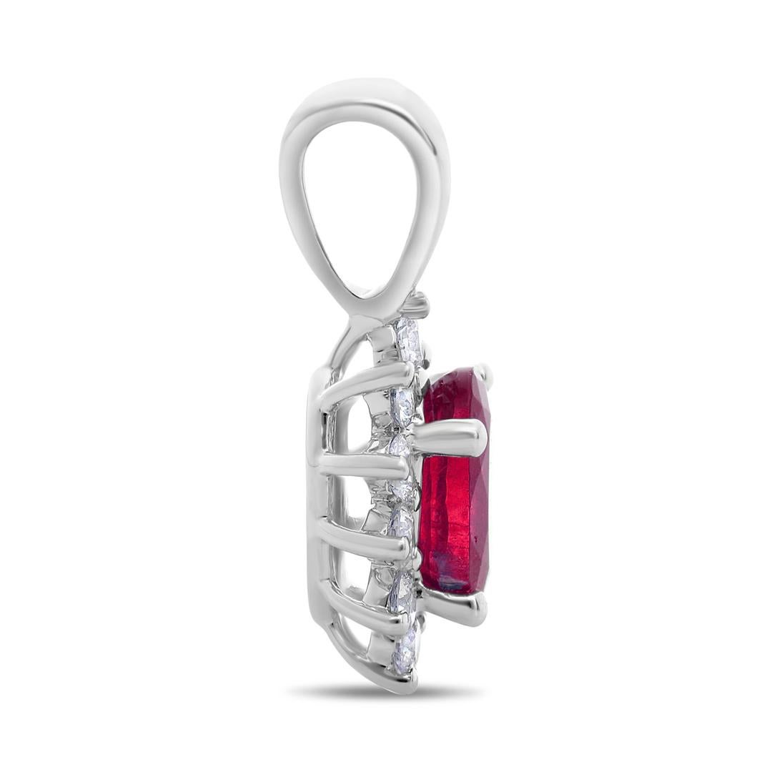 Oval Cut Oval Ruby, White Diamond, and 18 Karat White Gold Halo Pendant For Sale