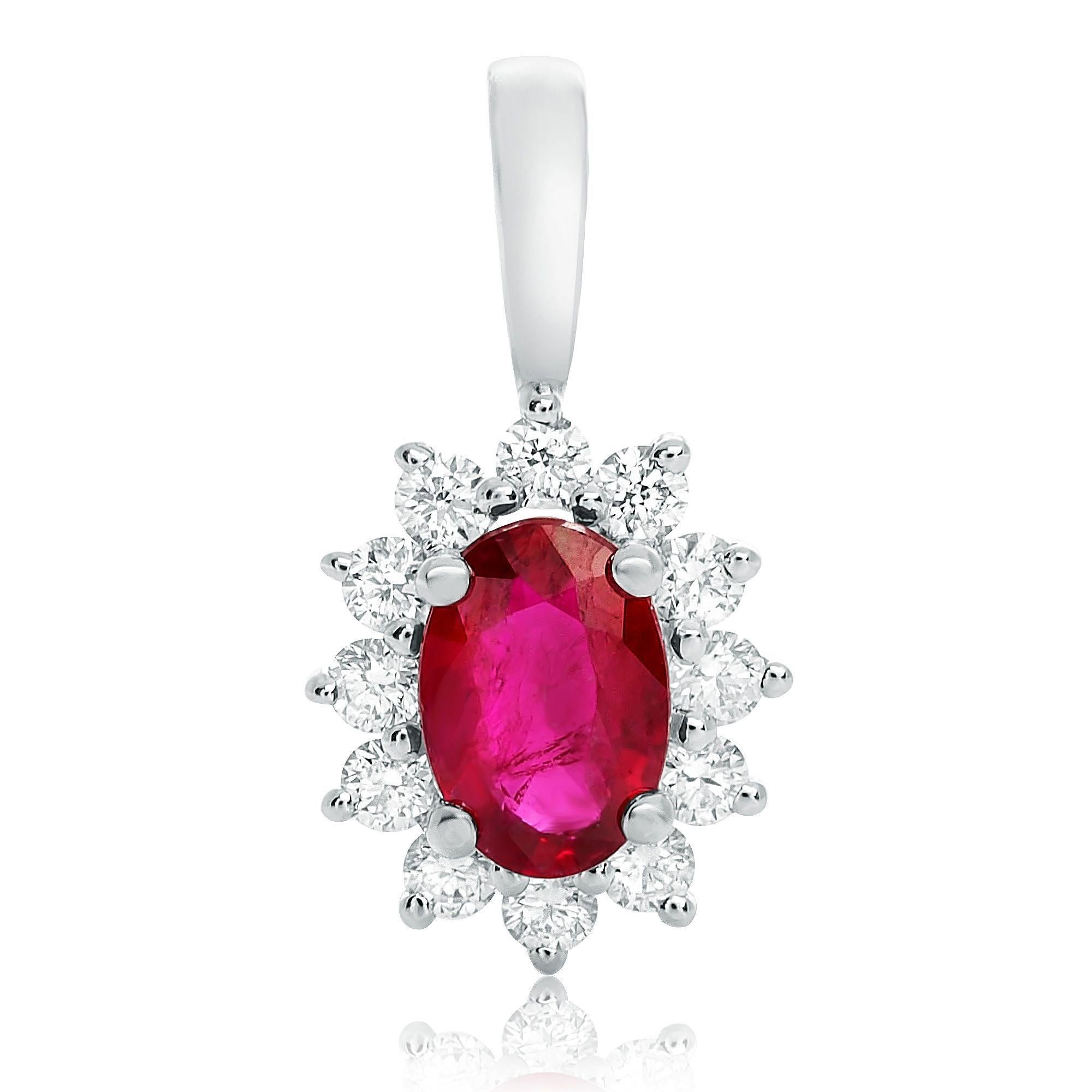 Oval Ruby, White Diamond, and 18 Karat White Gold Halo Pendant In New Condition For Sale In New York, NY