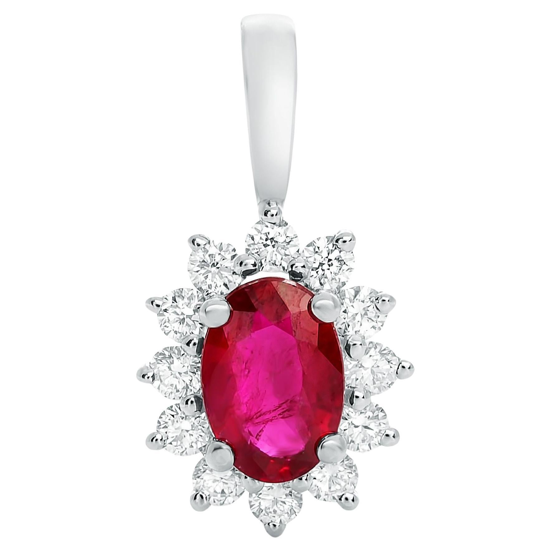 Oval Ruby, White Diamond, and 18 Karat White Gold Halo Pendant For Sale