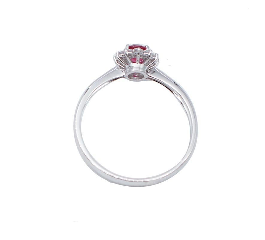 Mixed Cut Oval Ruby, White Diamonds, 18 Karat White Gold Modern Ring For Sale