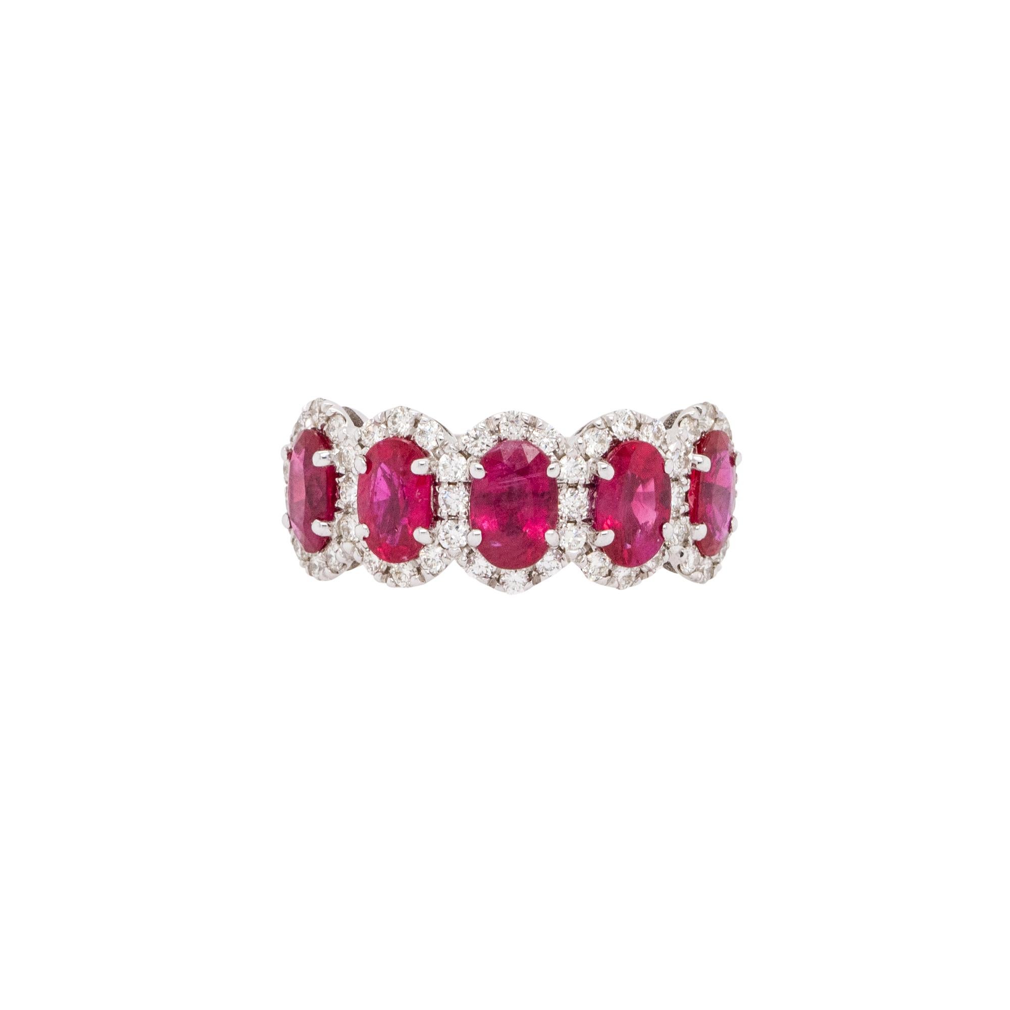 Material: 18k White Gold
Gemstone details: Approx. 2.90ctw of oval cut Ruby gemstones
Diamond details: Approx. 0.53ctw of round cut Diamonds. Diamonds are G/H in color and VS in clarity
Ring Size: 6.25 
Ring Measurements: 22mm x 8.5mm 22.50mm 
Total