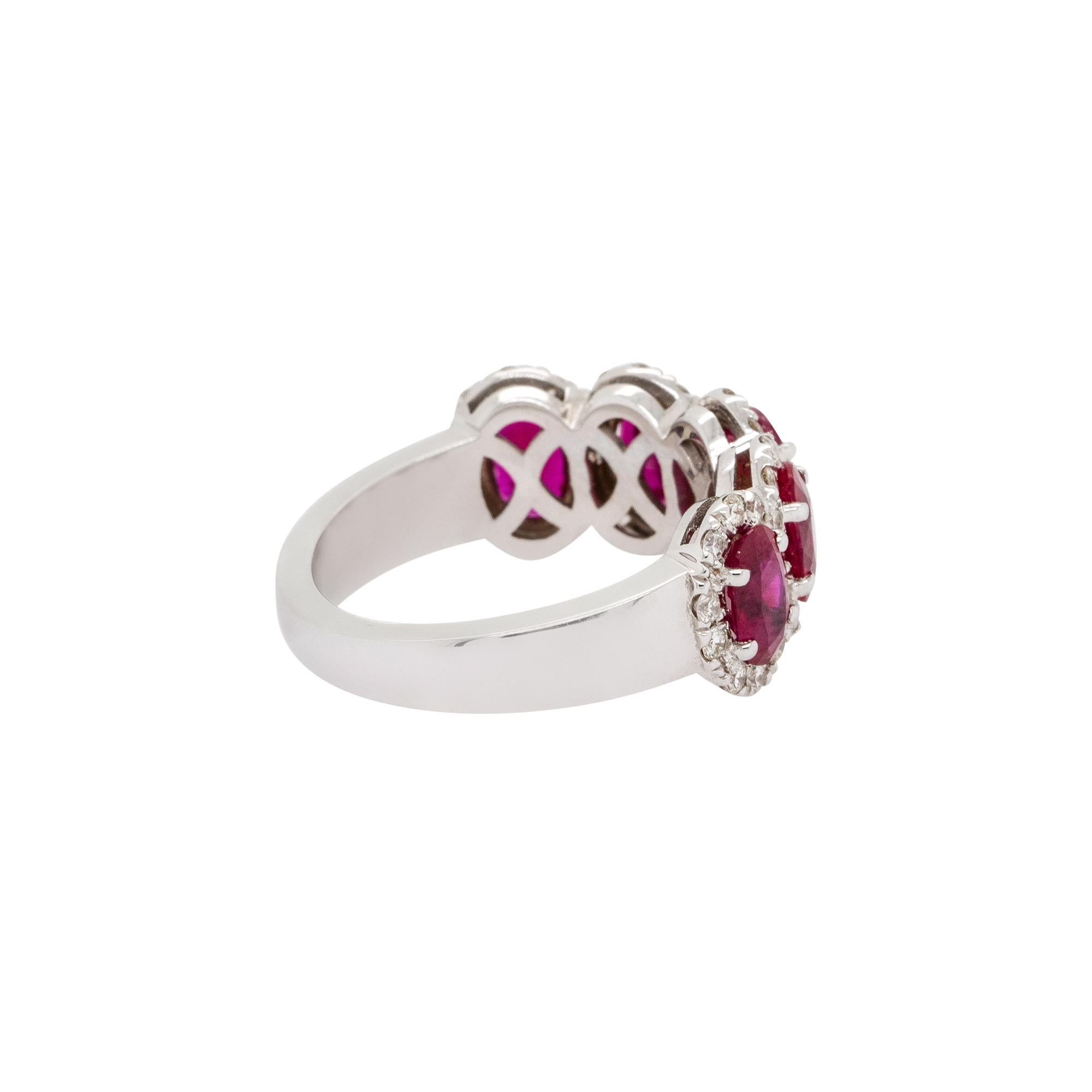 Oval Ruby with Diamond Halo Five Stone Ring 18 Karat in Stock In Excellent Condition For Sale In Boca Raton, FL
