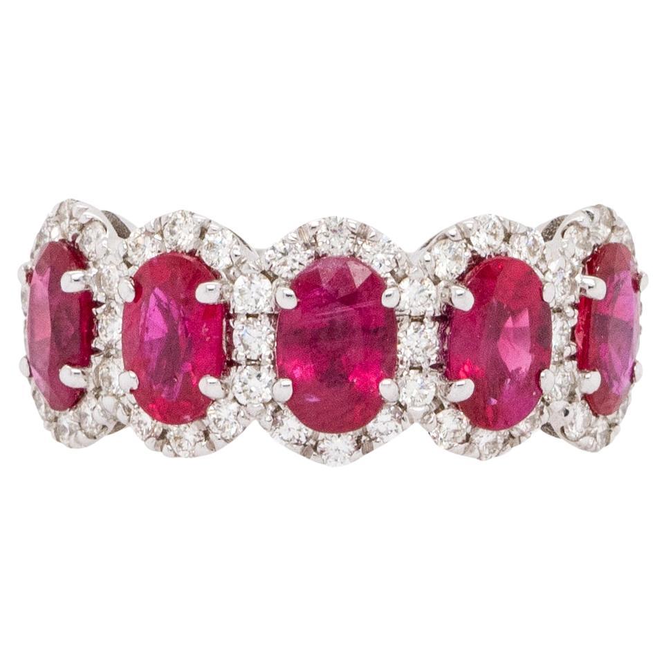Oval Ruby with Diamond Halo Five Stone Ring 18 Karat in Stock