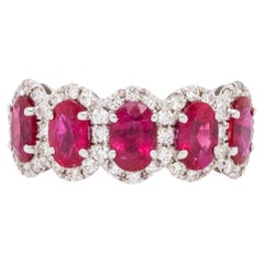 Oval Ruby with Diamond Halo Five Stone Ring 18 Karat in Stock