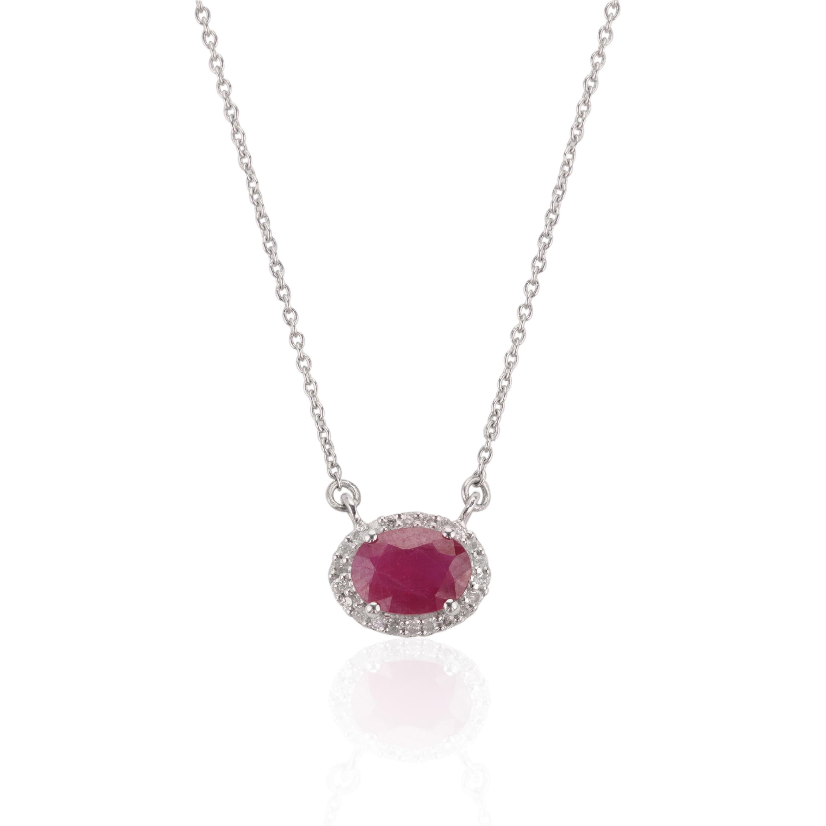 Oval Cut Oval Ruby with Diamond Halo Pendant Necklace in 14k Solid White Gold for Her For Sale