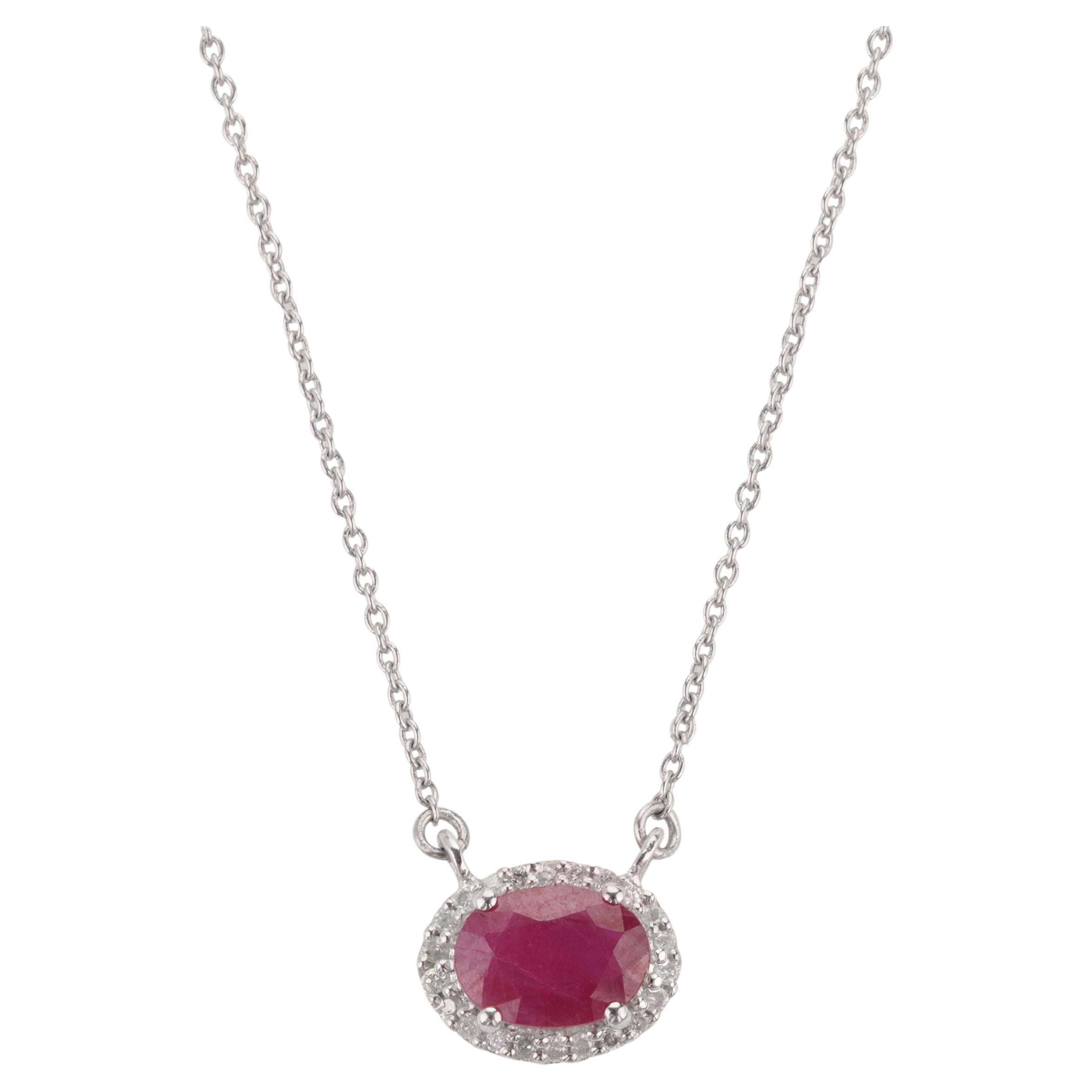Oval Ruby with Diamond Halo Pendant Necklace in 14k Solid White Gold for Her For Sale