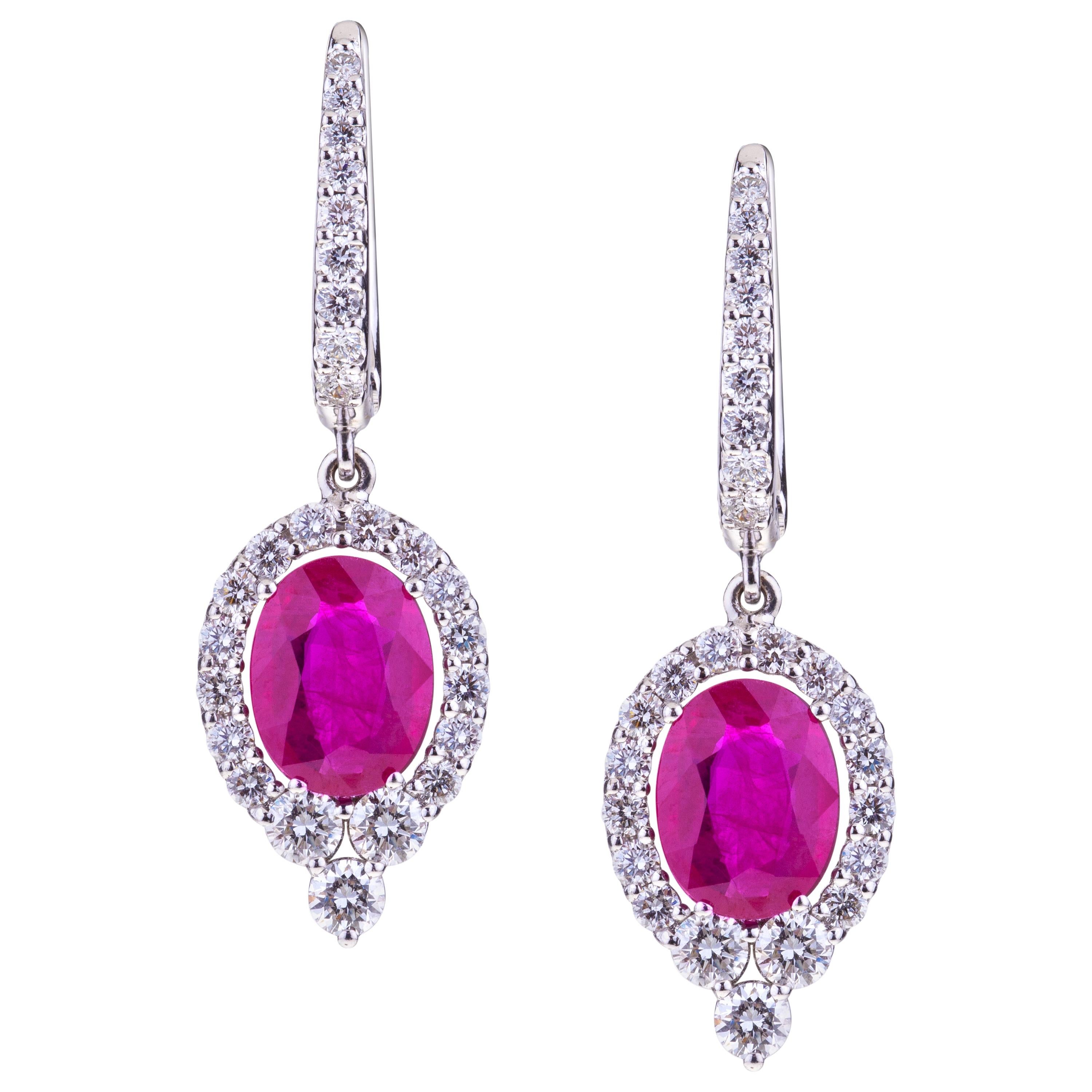 Oval Ruby with Round Diamonds White Gold Pendant Earrings For Sale