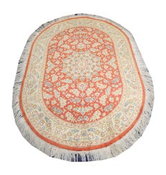 Oval Rugs Pure Silk Handmade Turkish Carpet, Oriental Red Wool Rug