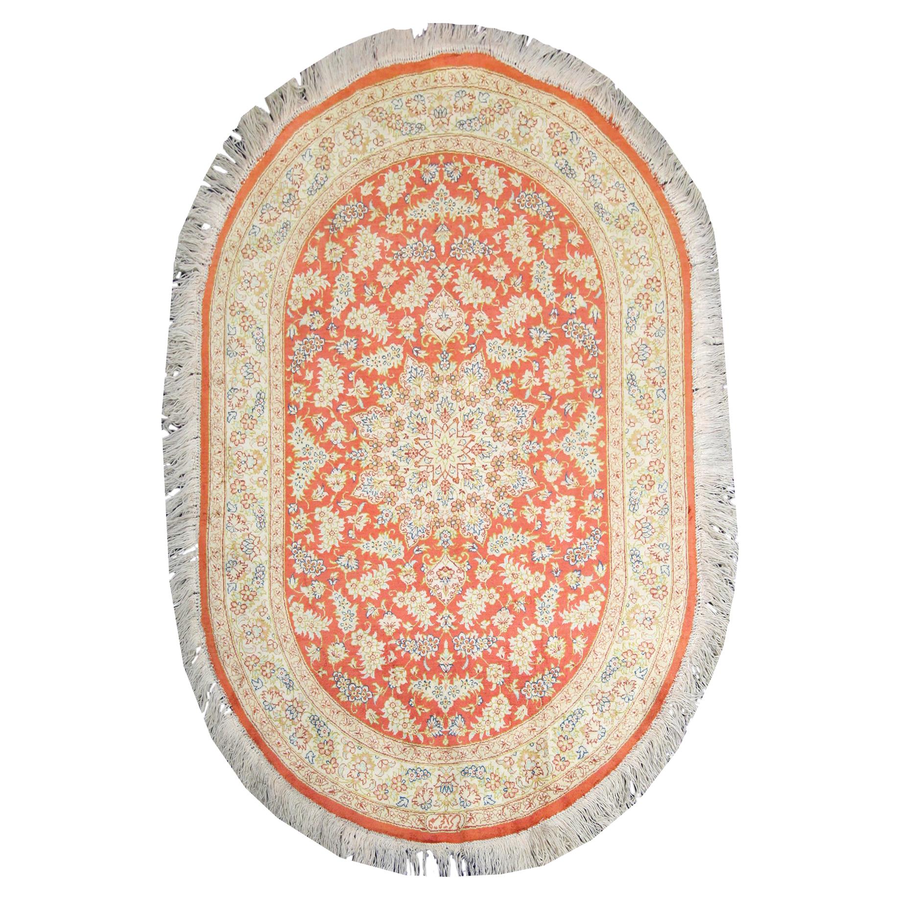 Oval Rugs Pure Silk Handmade Turkish Carpet, Oriental Red Wool Rug For Sale
