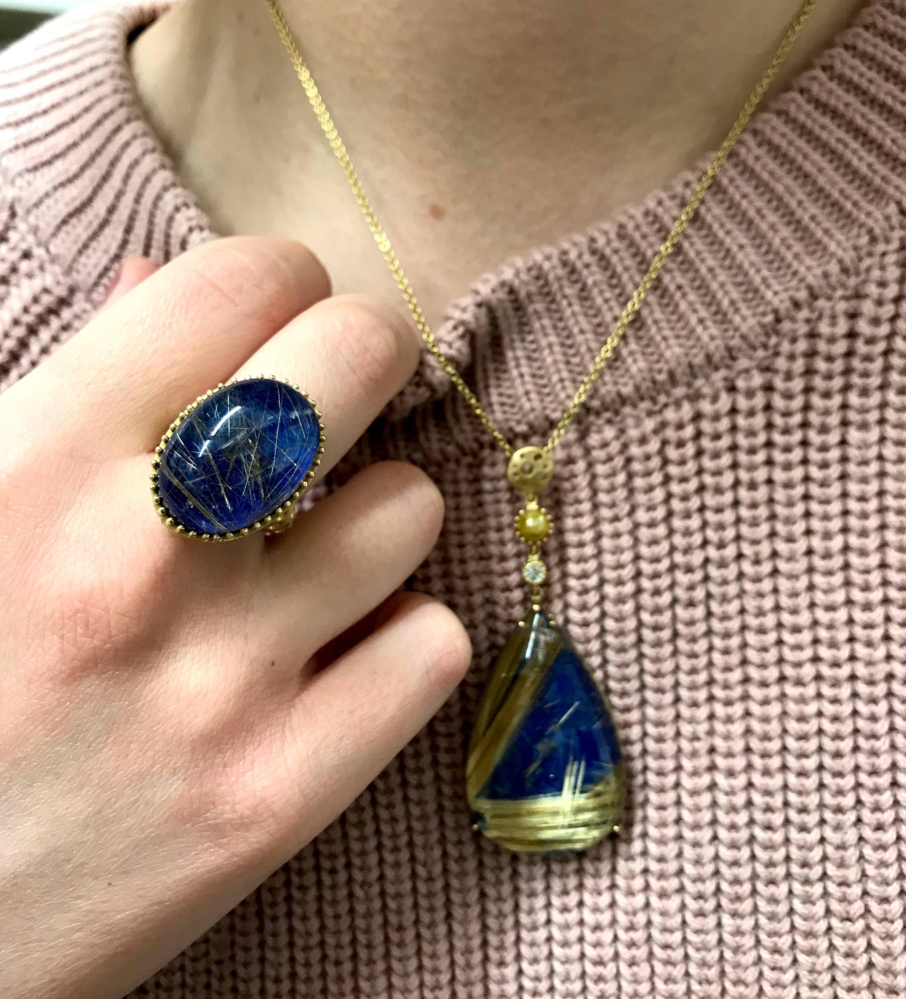 Modern Oval Rutilated Quartz over Lapis Lazuli Doublet Ring Cocktail Ring For Sale