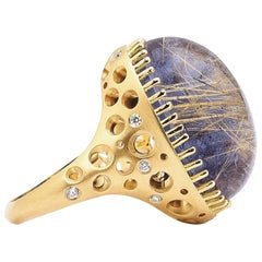 Oval Rutilated Quartz over Lapis Lazuli Doublet Ring Cocktail Ring