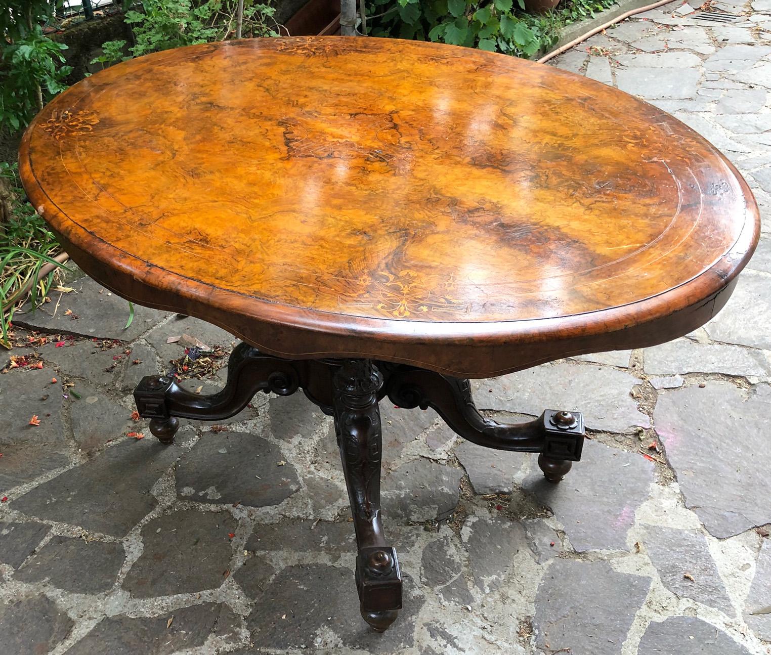 20th Italian Oval Sail Table in Briar Root Walnut, Inlaid Top, Solid Wood Legs For Sale 6