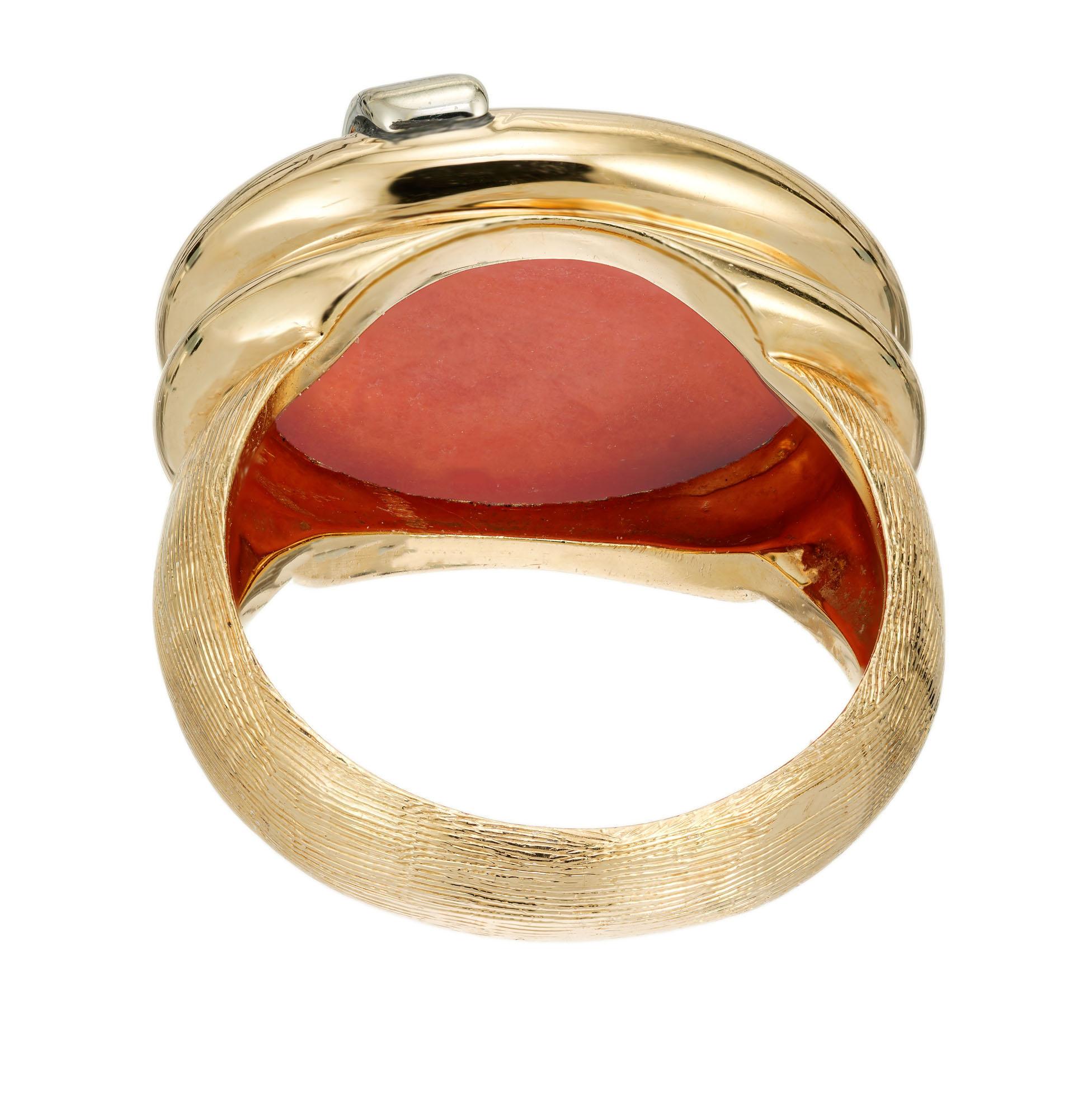 Oval Cut Oval Salmon Coral Diamond 14k Yellow Gold Swirl Cocktail Ring For Sale