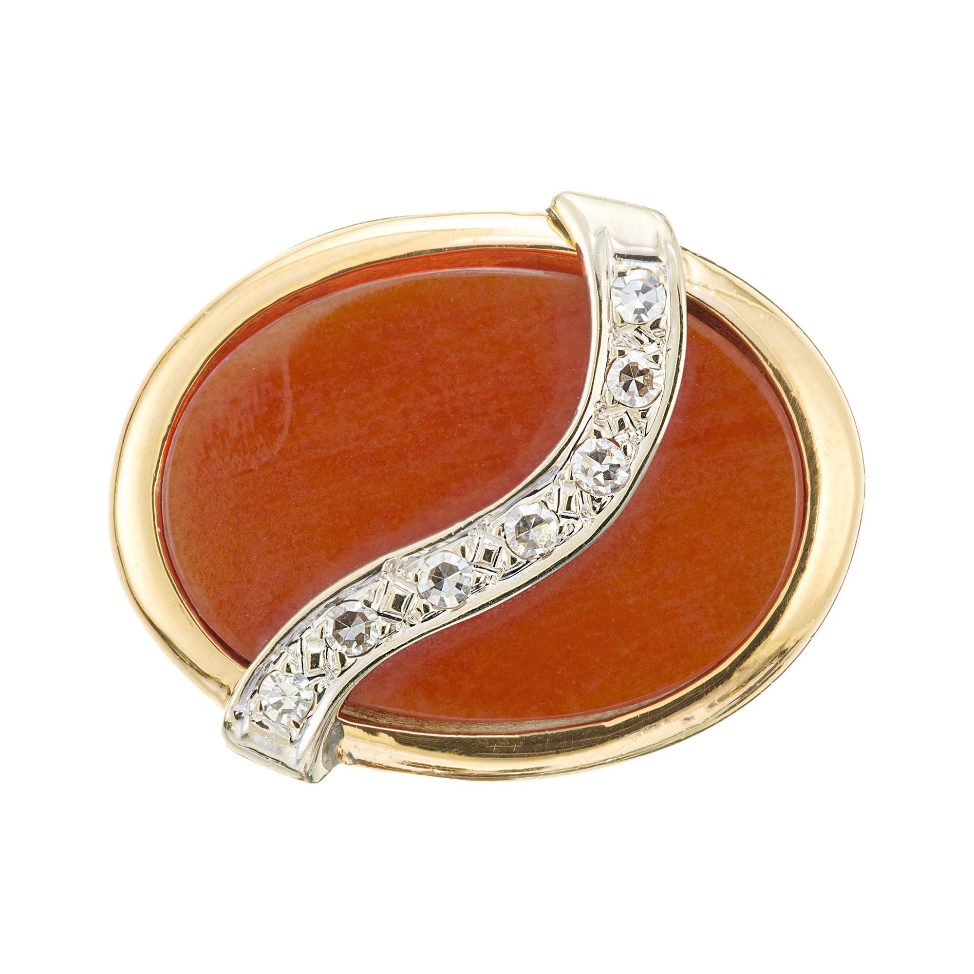 Oval Salmon Coral Diamond 14k Yellow Gold Swirl Cocktail Ring For Sale