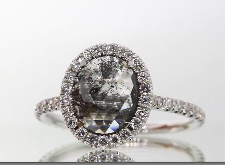 Oval Salt and Pepper Diamond Halo Engagement Ring For Sale at 1stDibs