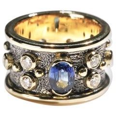 Oval Sapphire 1 Carat Diamond 18 Karat Yellow Gold Cigar Band Ring US Size 8