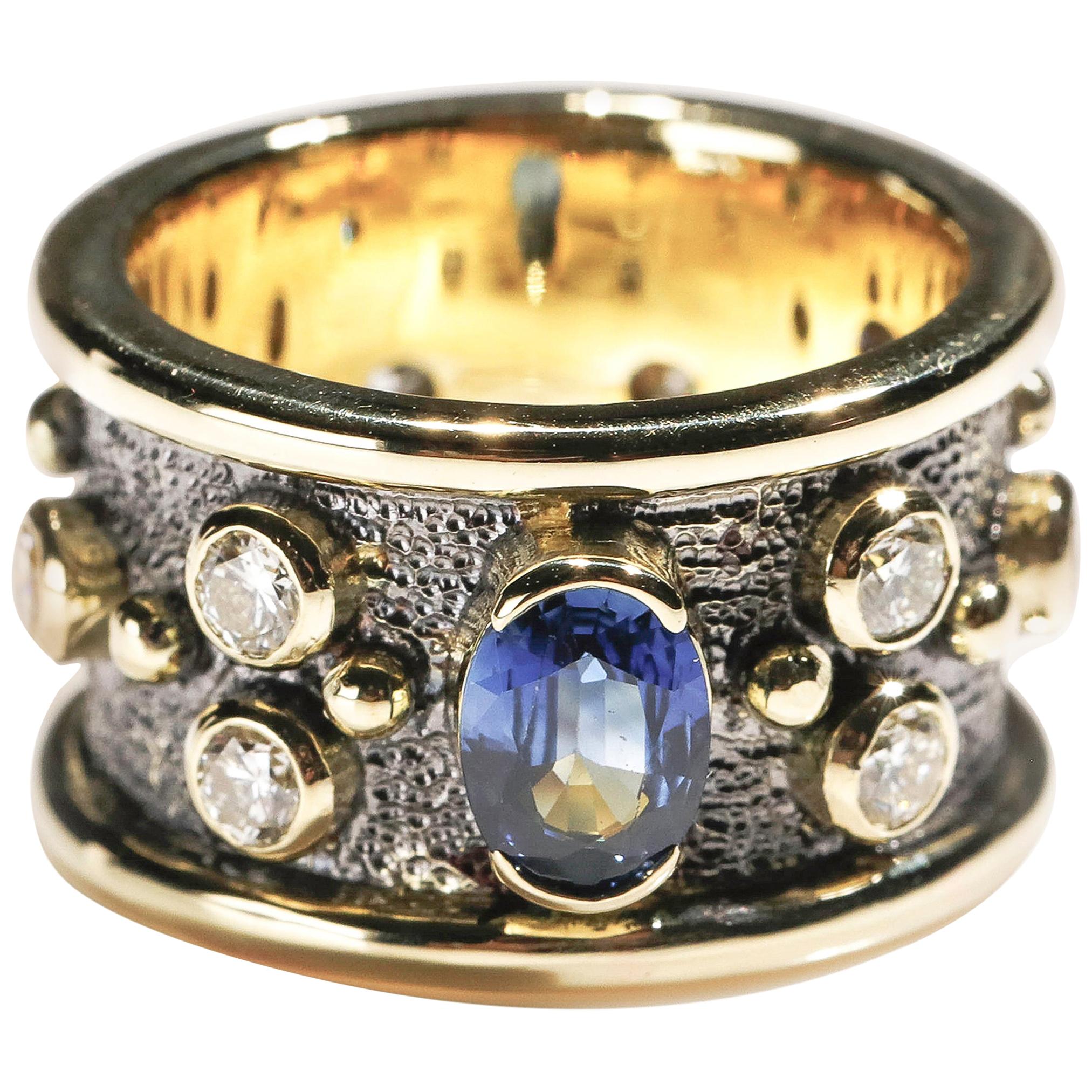 Oval Sapphire 1 Carat Diamond 18 Karat Yellow Gold Cigar Band Ring US Size 6 For Sale