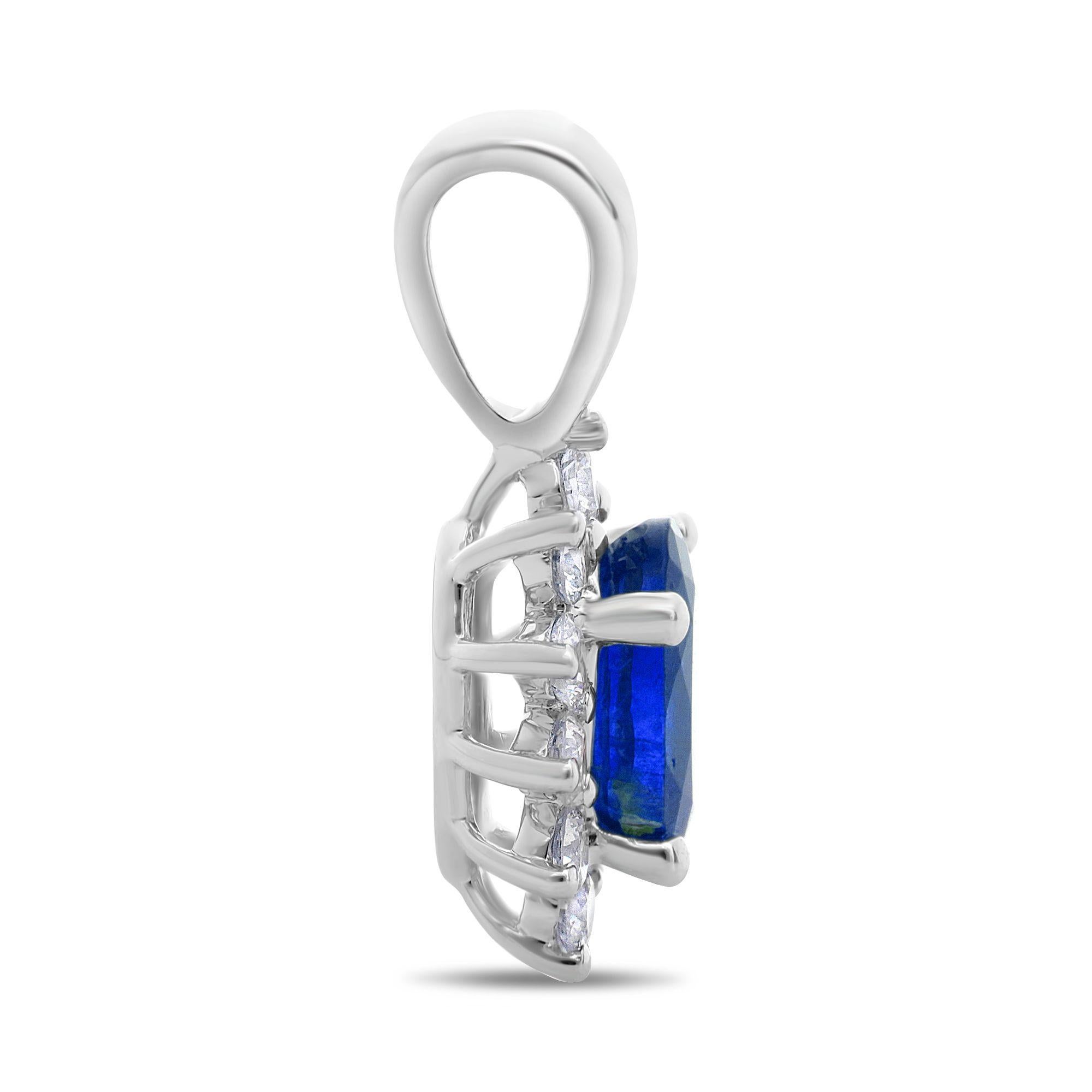 At the center of this stunning 18K white gold pendant rests a 0.62 carat, oval cut blue sapphire. Round cut white diamonds, totaling to 0.20 carats, surround the colorful center stone to add sparkle and a beautiful contrast.

The center stone is eye