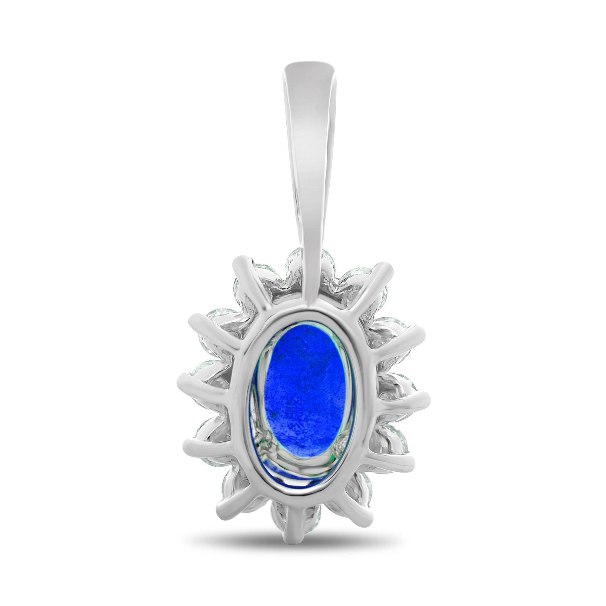 Oval Cut Oval Sapphire, White Diamond, and 18 Karat White Gold Halo Pendant For Sale