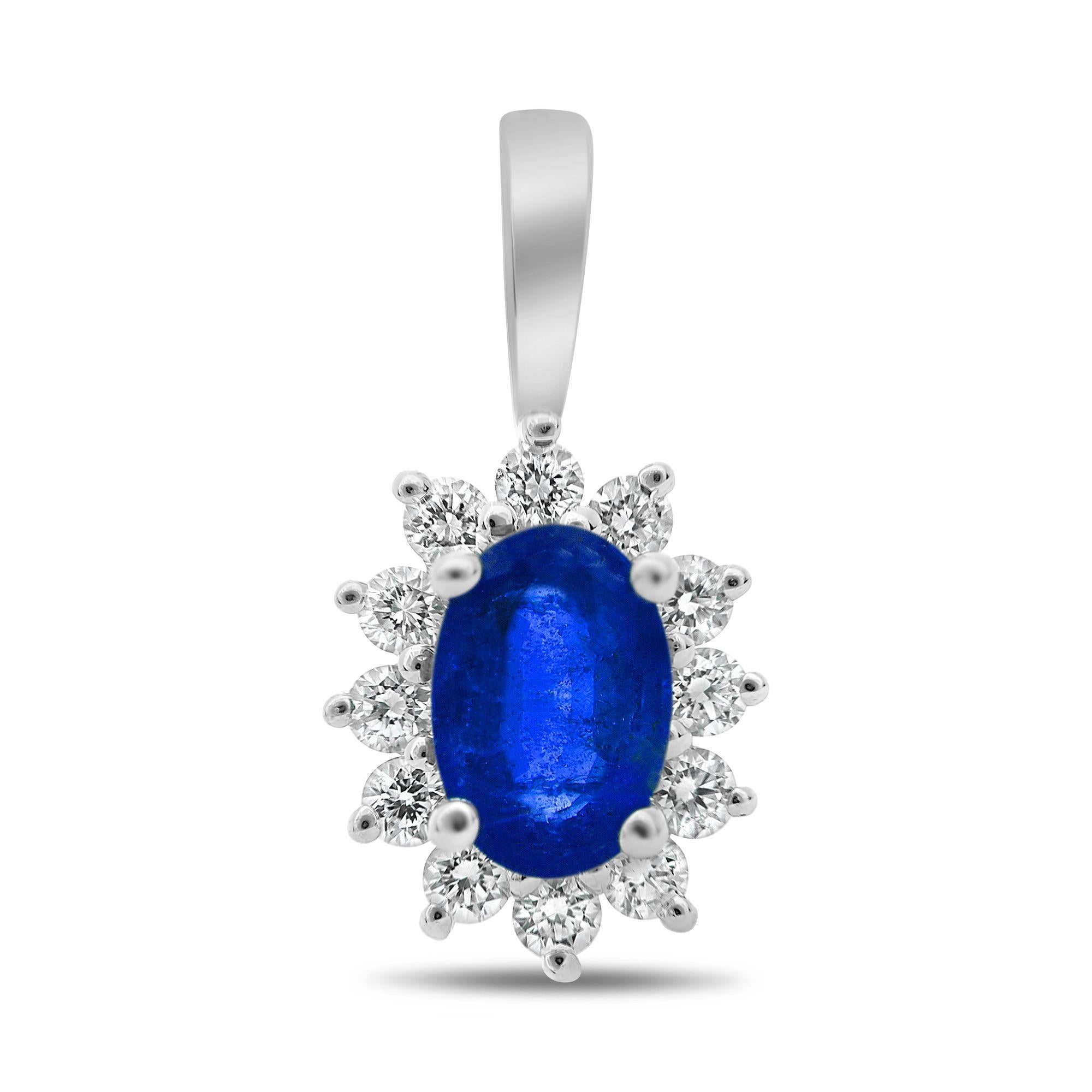 Oval Sapphire, White Diamond, and 18 Karat White Gold Halo Pendant In New Condition For Sale In New York, NY