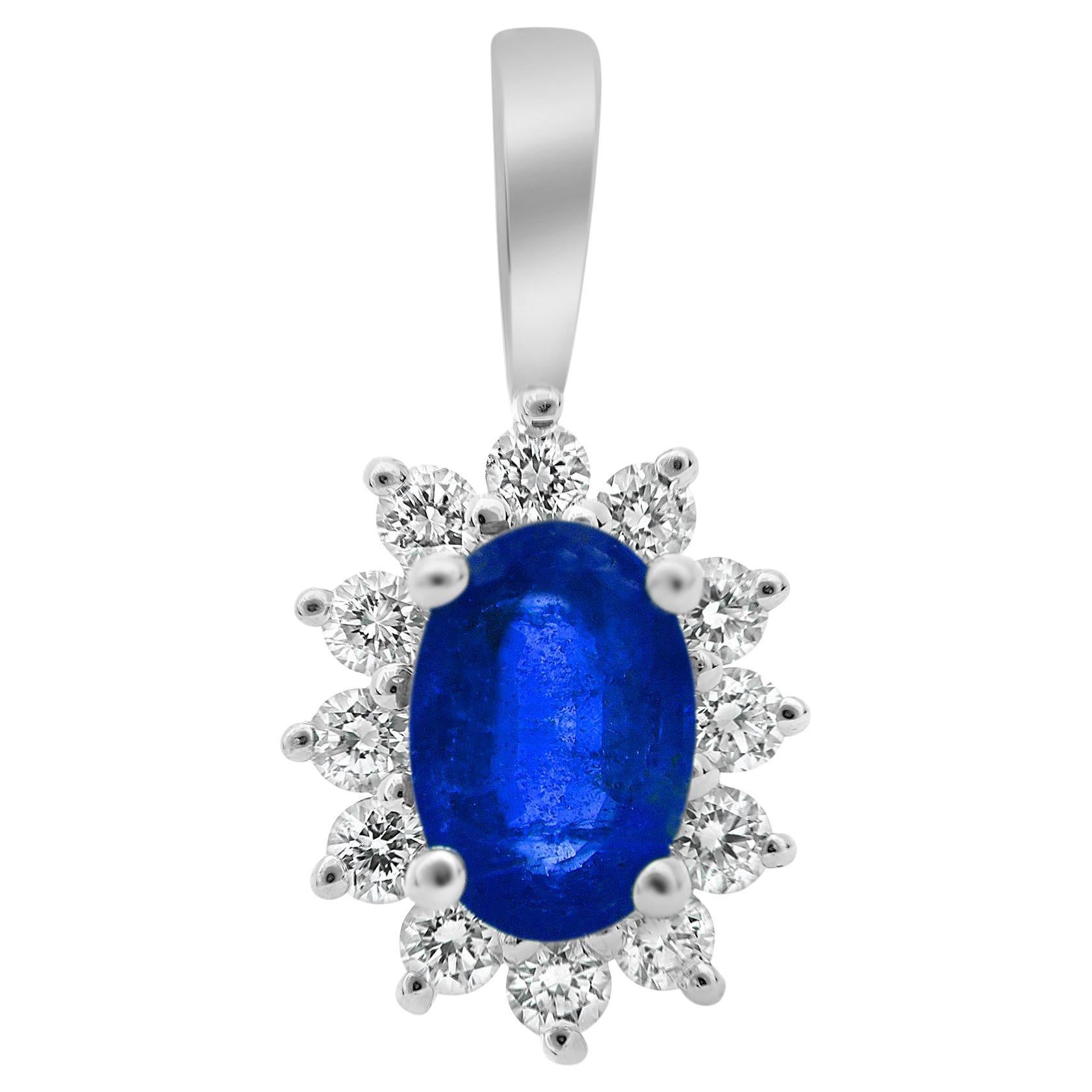 Pendentif halo en or blanc 18 carats, saphir ovale, diamant blanc et diamant