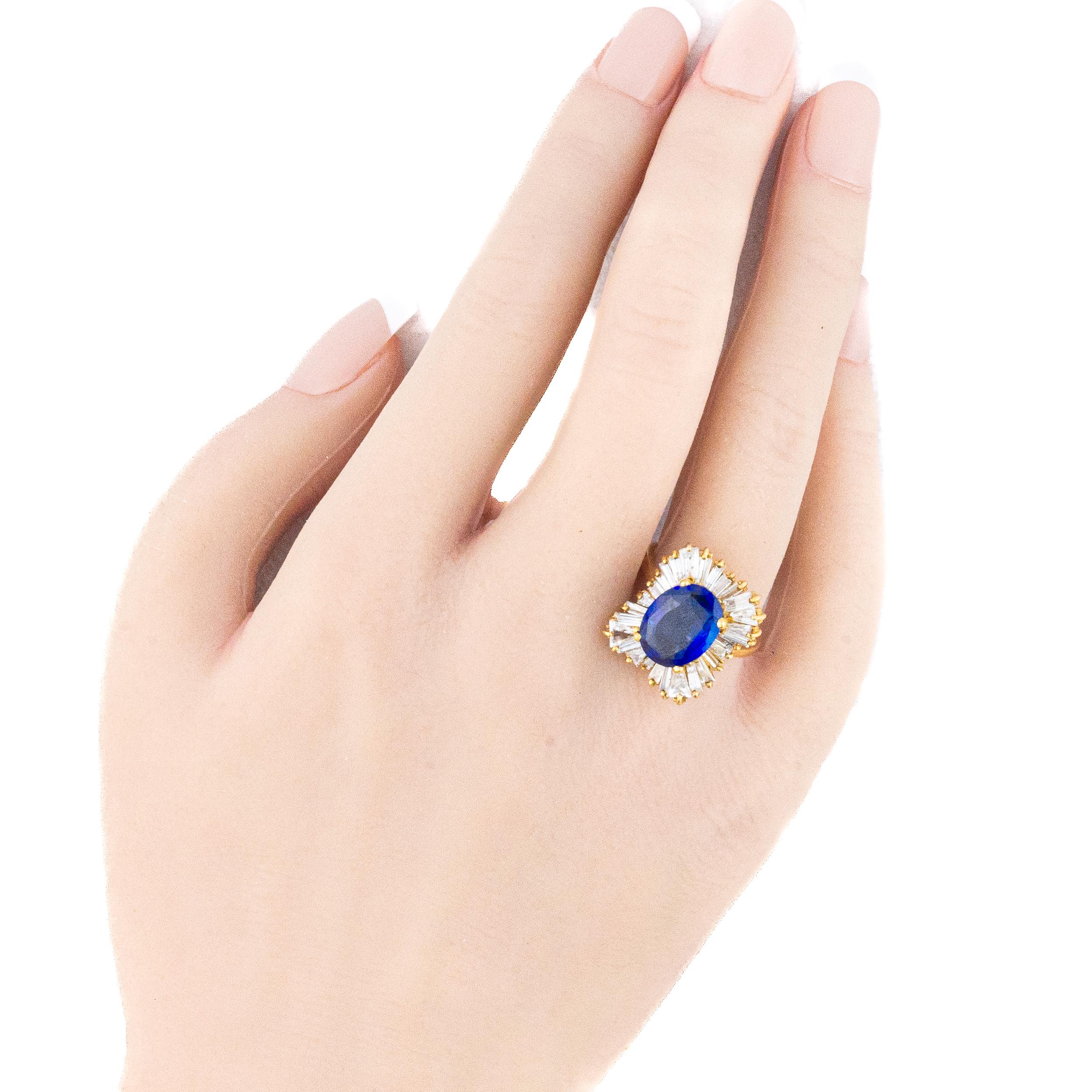 Rétro Bague saphir ovale et diamant baguette en vente
