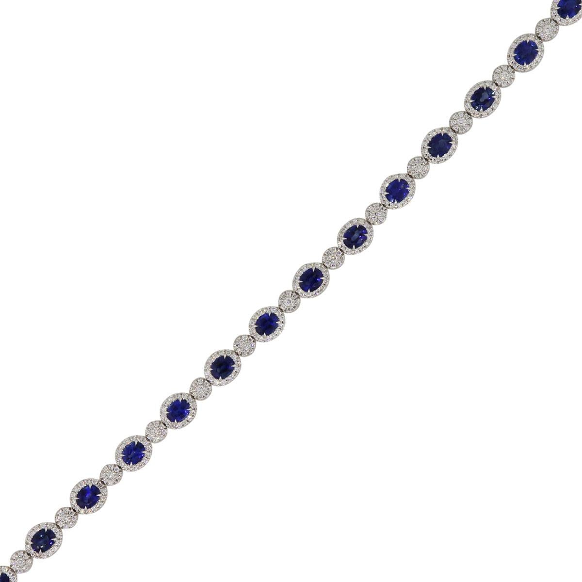 Material: 18k White Gold
Diamond Details: Approximately 1.83ctw of round brilliant diamonds. Diamonds are G/H in color and SI in clarity
Gemstone Details: Approximately 6.47ctw of oval shape sapphires
Wrist size: Will fit up to a 7″