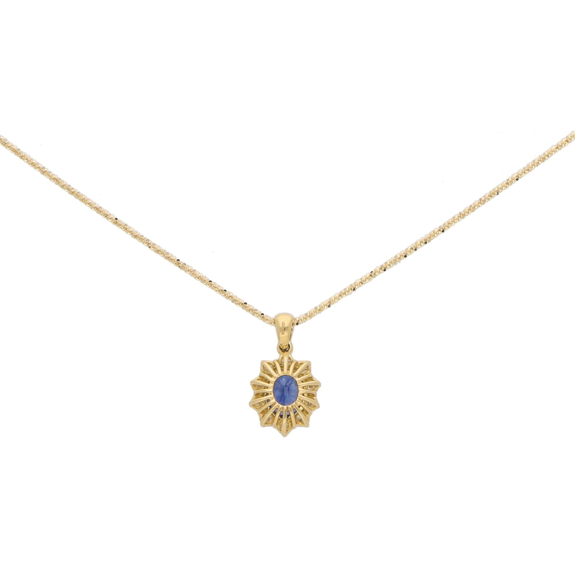 Modern Oval Sapphire and Diamond Cluster Pendant in 18 Karat Yellow Gold