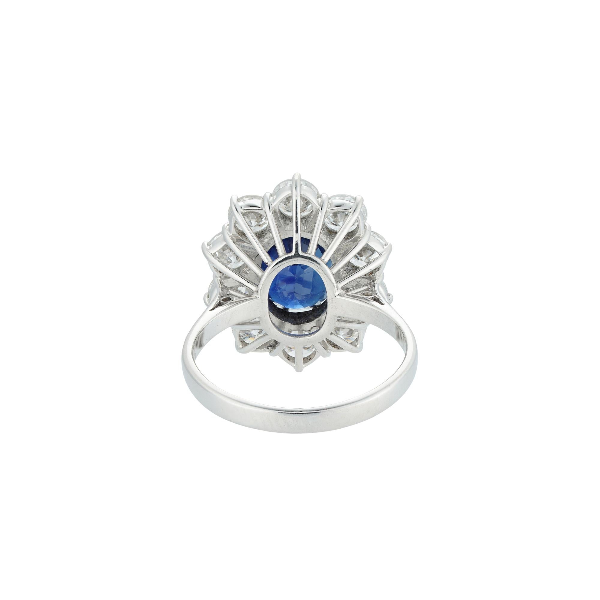 Oval Cut GCS Certified 3.74 Carat Oval Sapphire and Diamond Cluster Ring