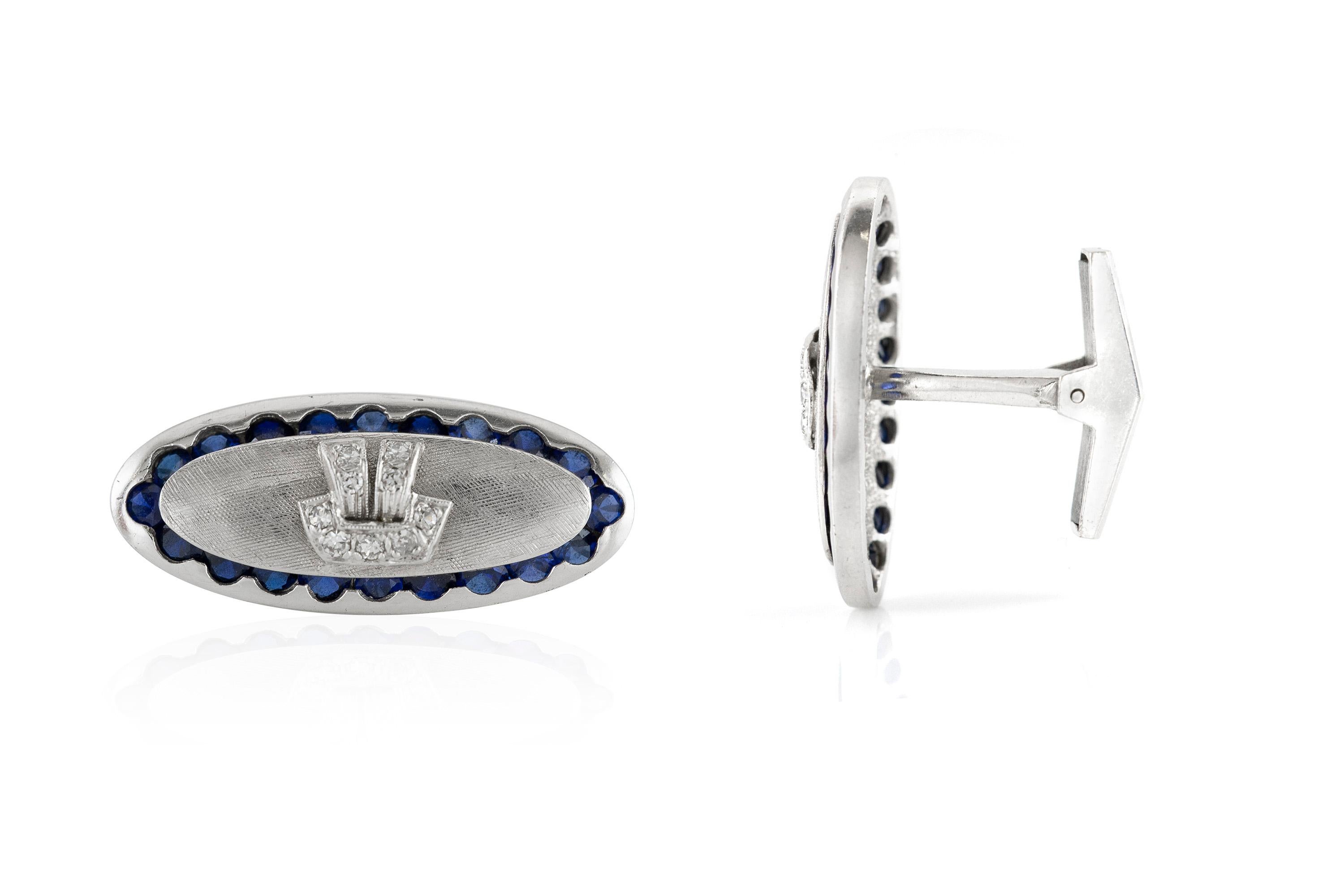 Oval Sapphire and Diamond Cufflinks In Excellent Condition For Sale In New York, NY