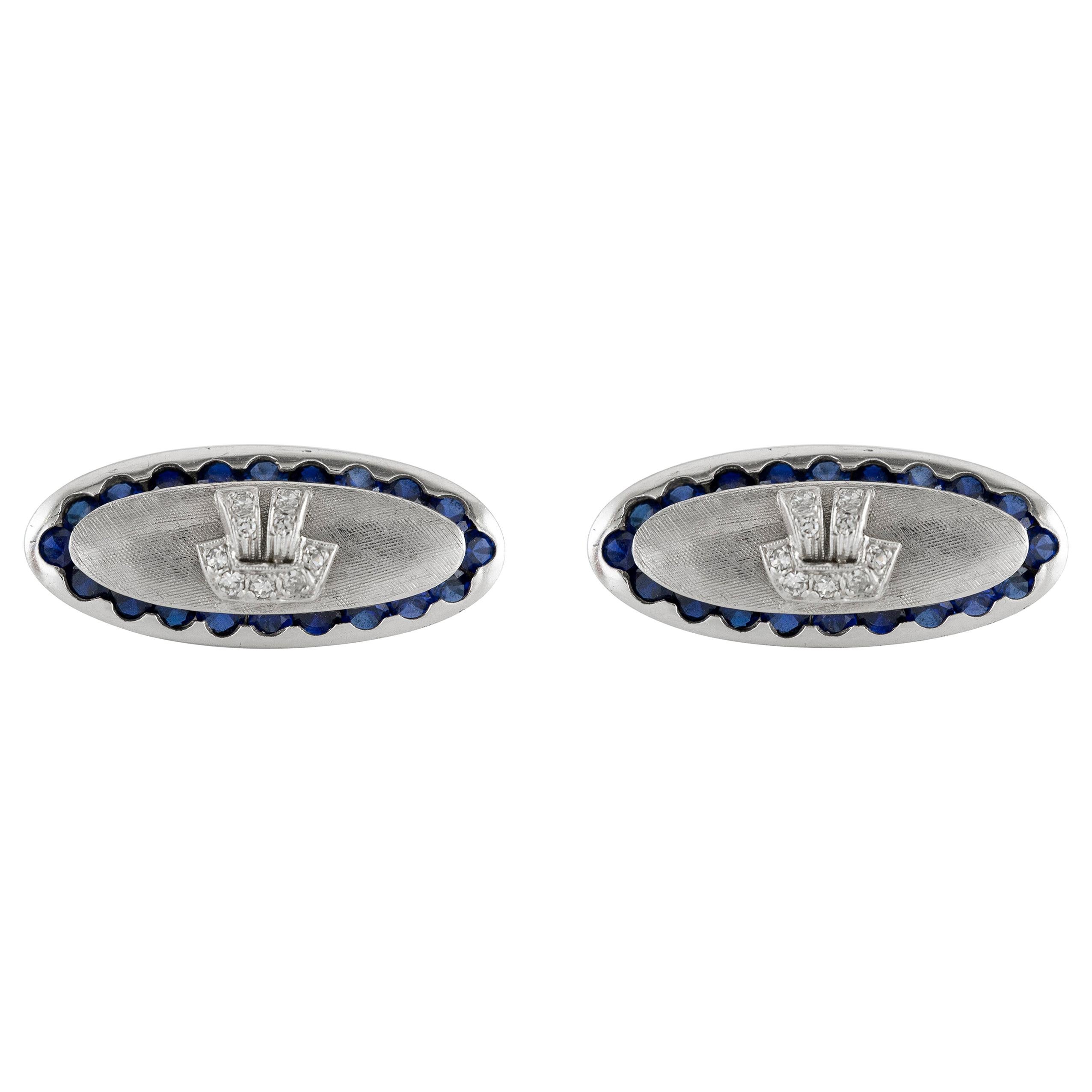 Oval Sapphire and Diamond Cufflinks For Sale