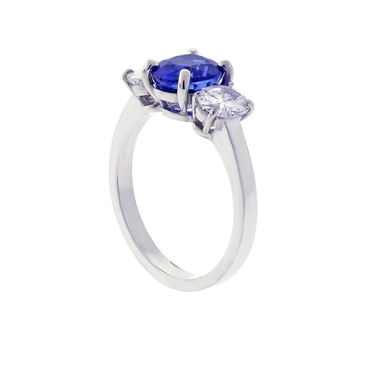 From the master ring makers of Pampillonia jewelers an oval sapphire and diamond handmade ring.
♦ Designer: Pampillonia
♦ Metal: Platinum  
♦ Sapphire=1.95 Ceylon, presumed heated
♦ 2 oval diamonds=.77 E-F VS
♦ Circa 2020
♦ Size 6, Resizable
♦