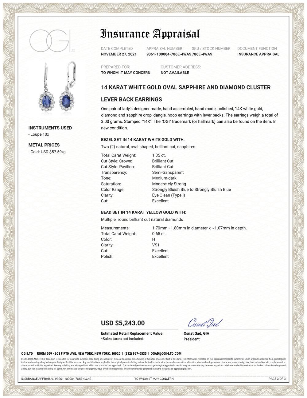 Fourteen karats white gold sapphire and diamond cluster lever back hoop earrings
Two oval shaped Ceylon sapphire weighing 1.35 carat
Sapphires are surrounded by diamonds weighing 0.65 carats
Earrings measuring 1.25 inch in length and 0.35 in width