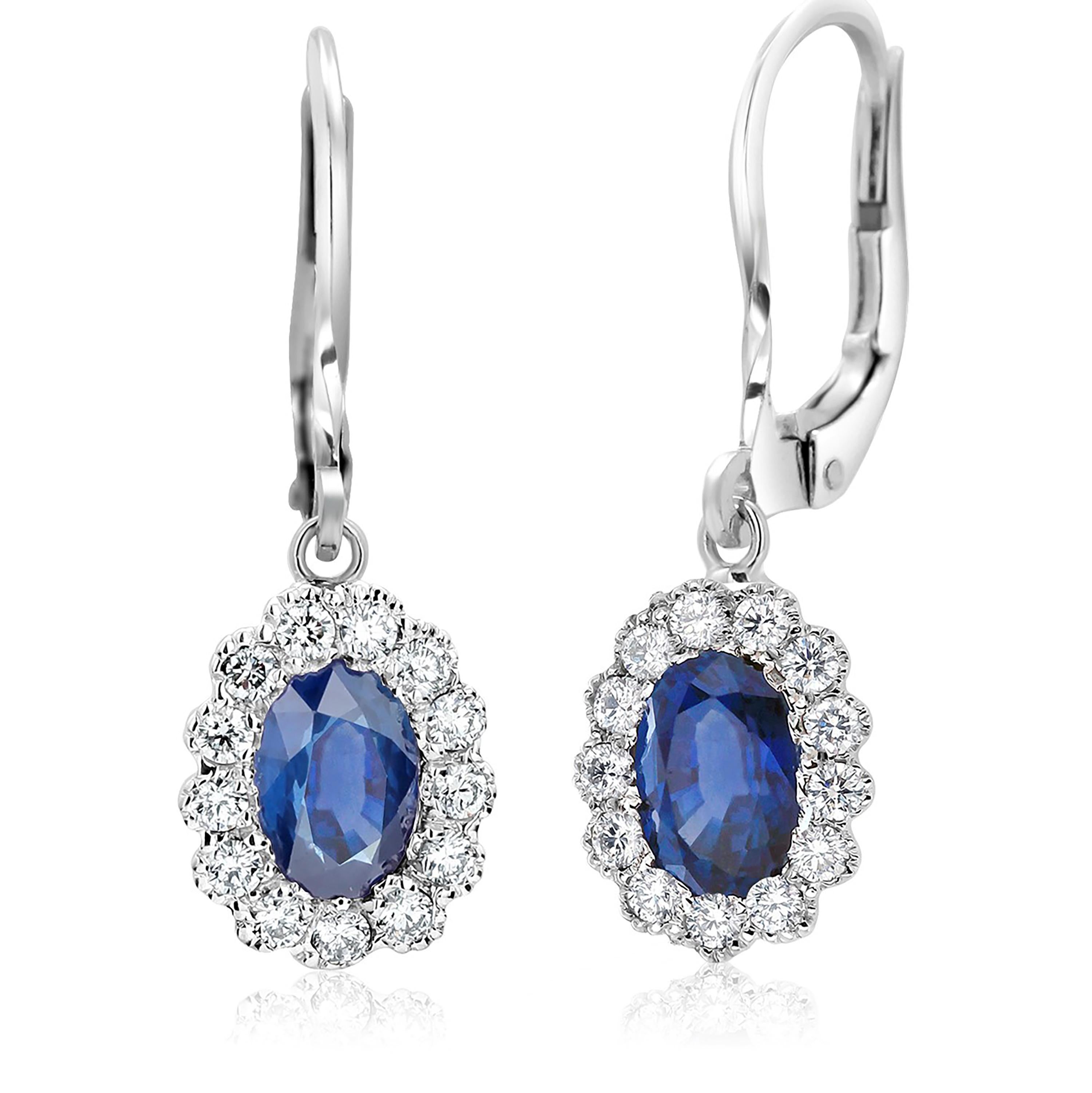 Oval Cut Ceylon Oval Sapphire and Diamond White Gold Cluster Lever Back Earrings