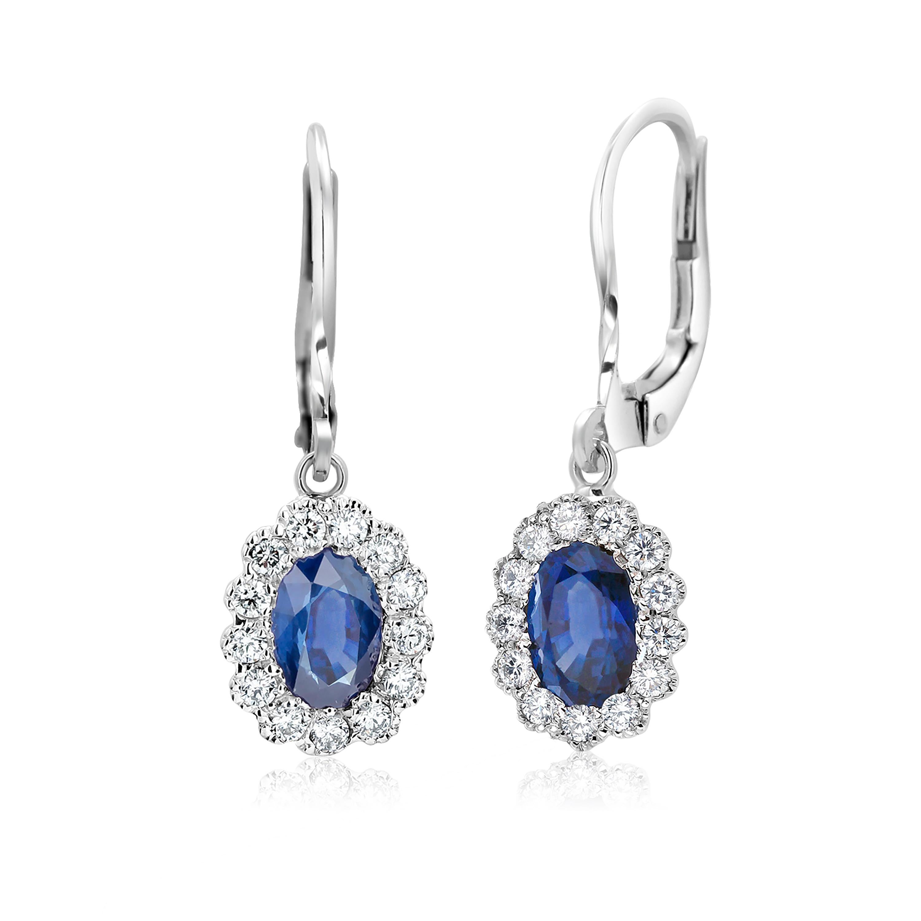 Ceylon Oval Sapphire and Diamond White Gold Cluster Lever Back Earrings In New Condition In New York, NY