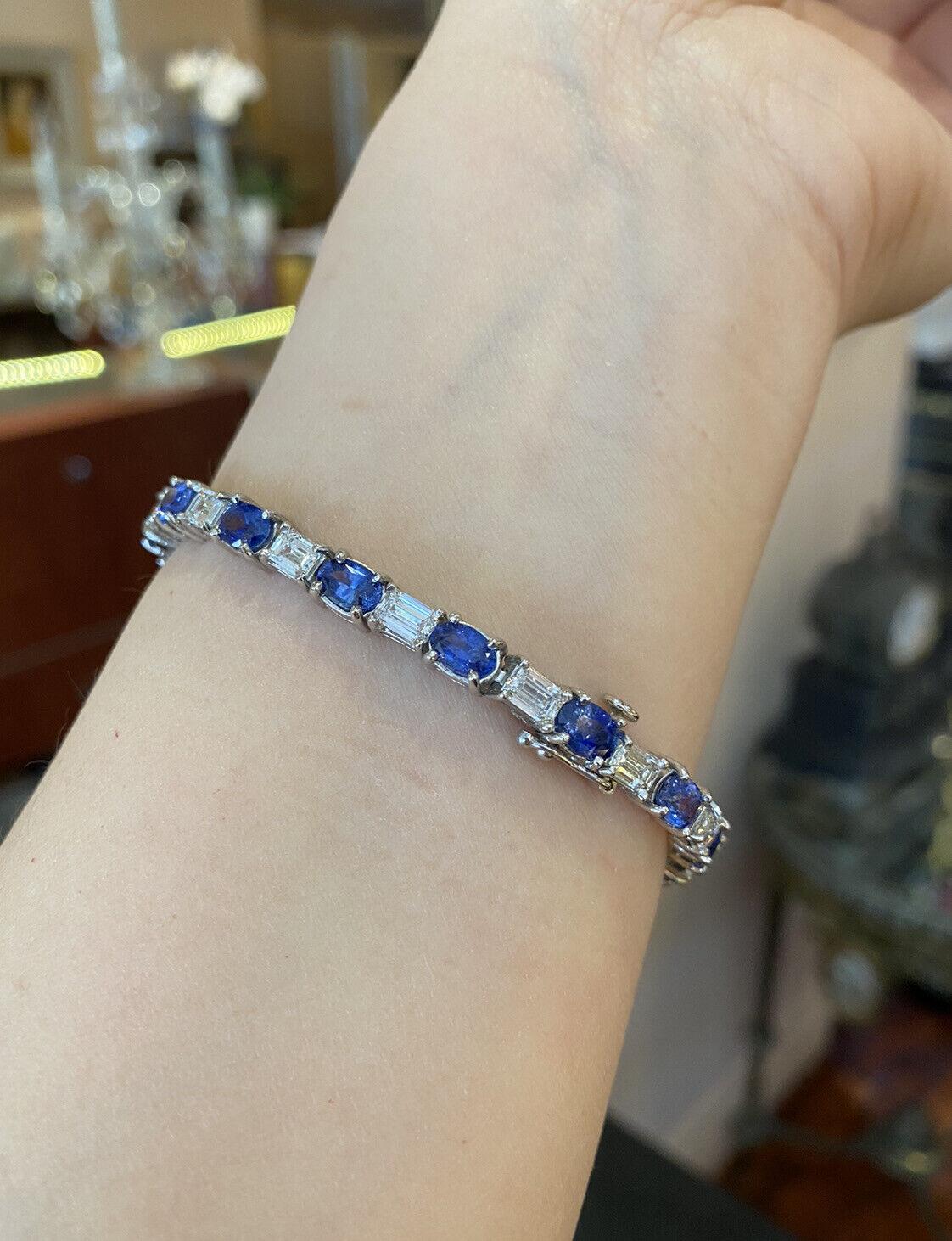 Sapphire and Diamond Line Tennis Bracelet in Platinum

Sapphire and Diamond Line Bracelet features Sixteen Oval Sapphires of medium blue color and Sixteen Emerald Cut Diamonds set in Platinum. 

Total sapphire weight is 9.60 carats.
Total diamond