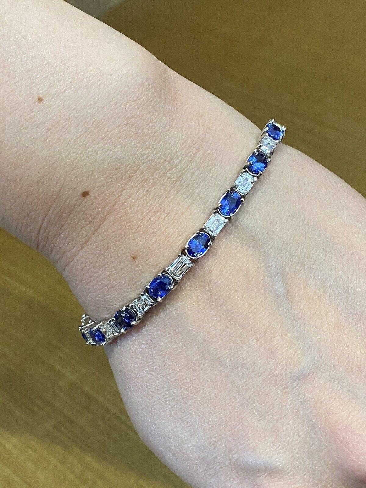 Oval Sapphire and Emerald cut Diamond Line Tennis Bracelet in Platinum In Excellent Condition For Sale In La Jolla, CA