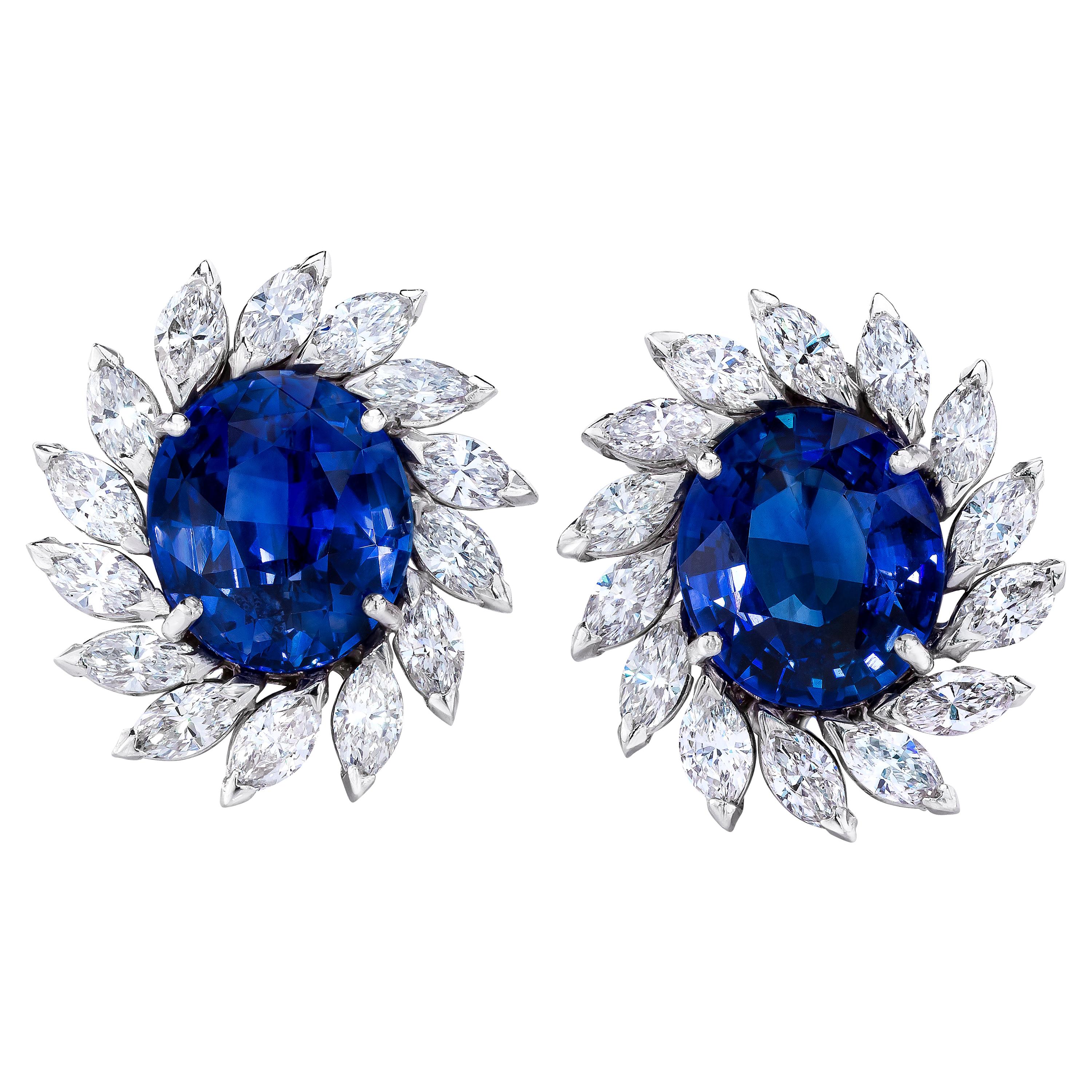Oval Sapphire and Marquise Diamond Earrings For Sale