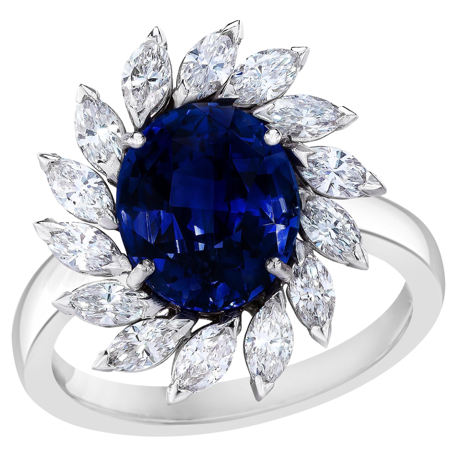 Oval Sapphire and Marquise Diamond Ring For Sale