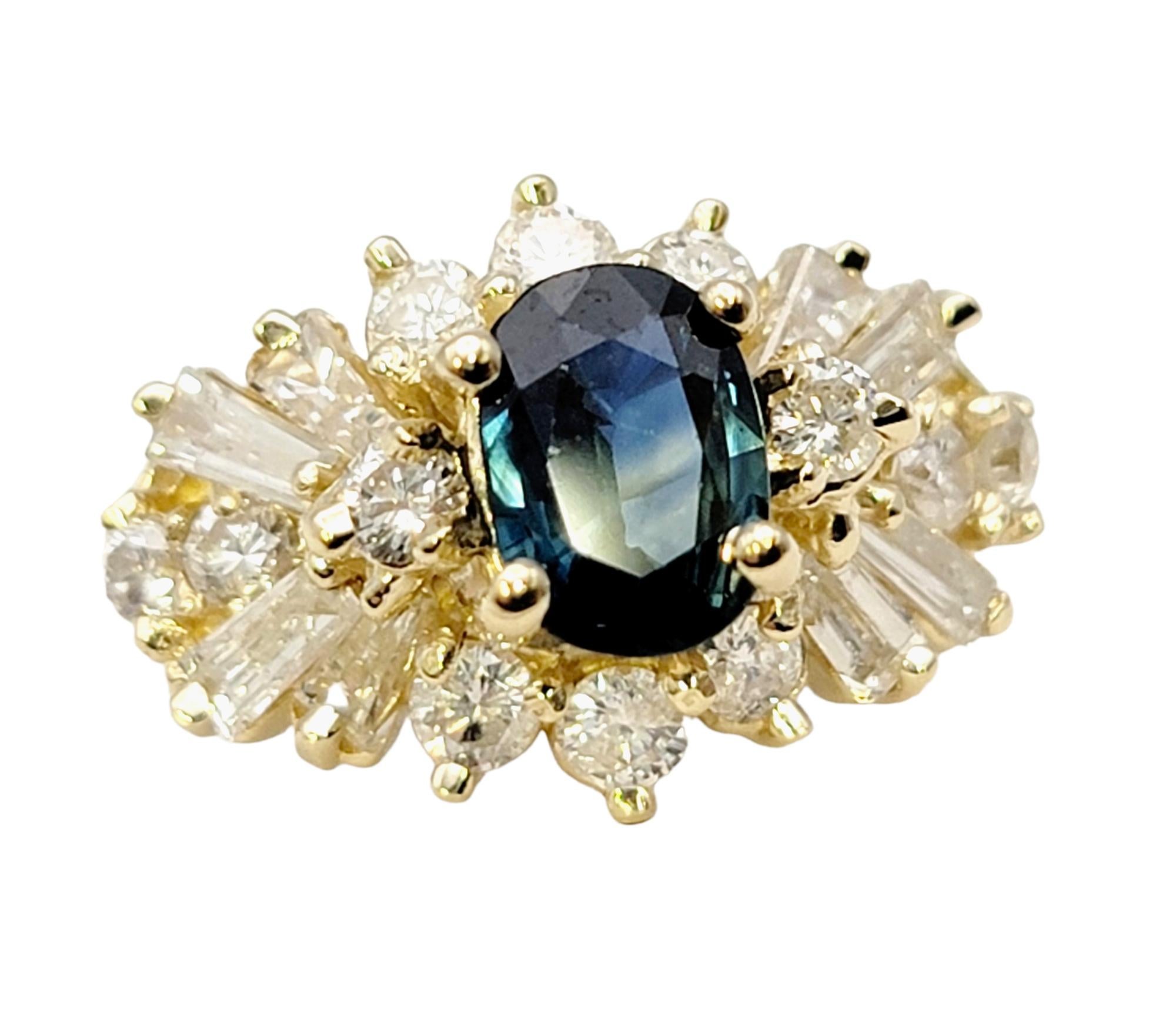 Ring size: 6.5

This stunningly sparkly diamond and sapphire ring will shine beautifully on your hand. The deep blue oval shaped sapphire stone flatters the finger while the surrounding natural diamonds pop elegantly against the warm yellow gold