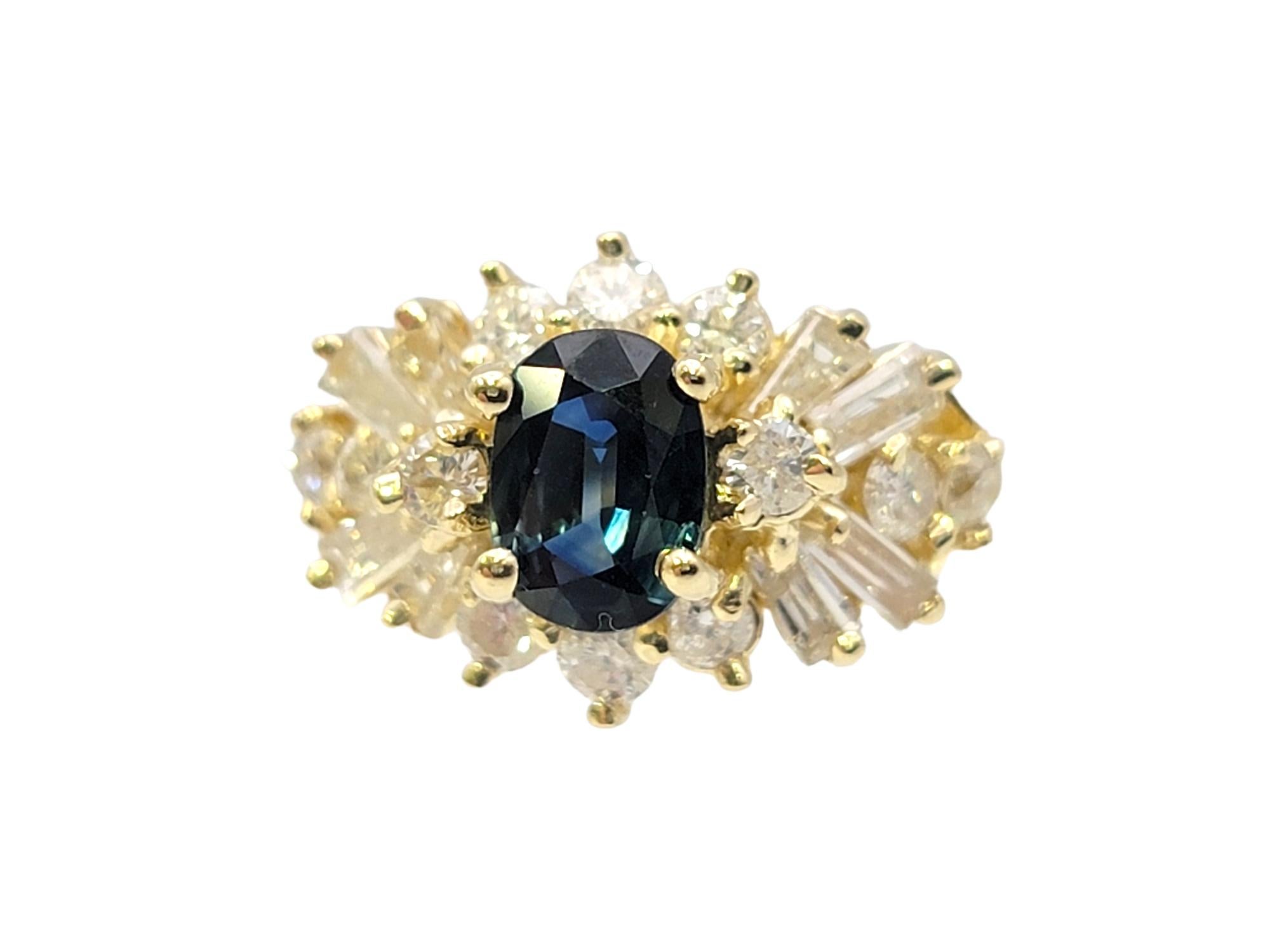Oval Cut Oval Sapphire and Multi Diamond Cluster Band Ring in 14 Karat Yellow Gold
