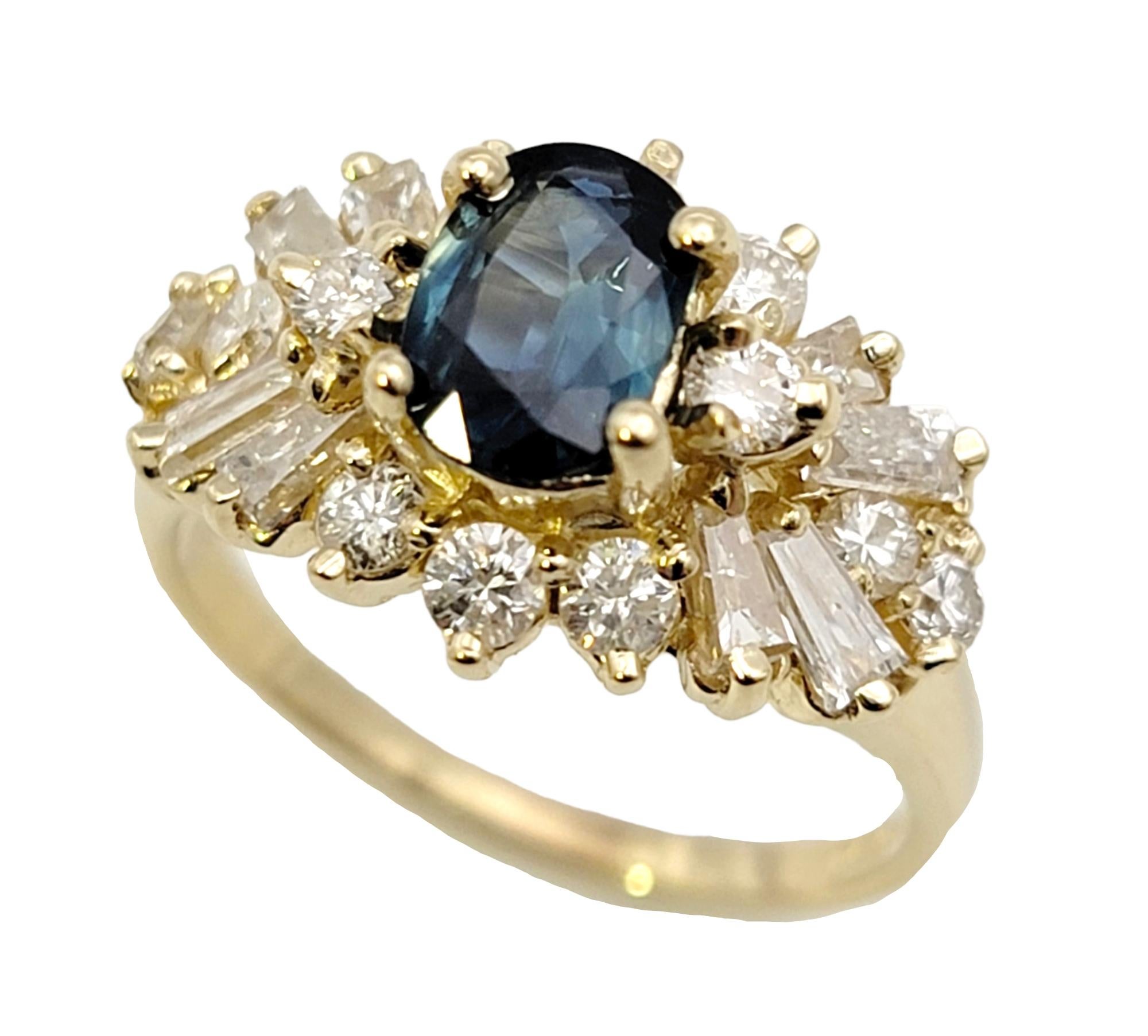 Oval Sapphire and Multi Diamond Cluster Band Ring in 14 Karat Yellow Gold In Good Condition In Scottsdale, AZ