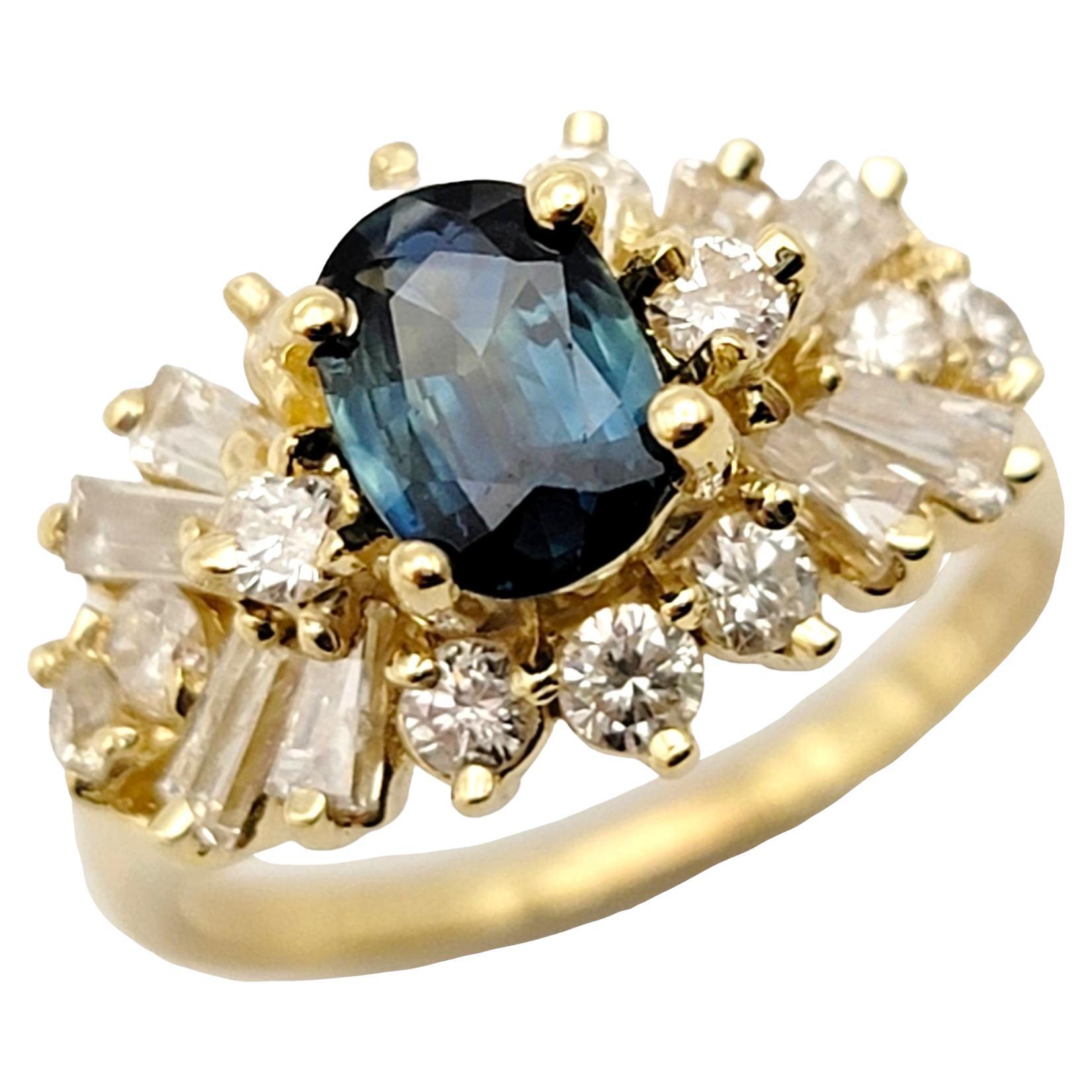 Oval Sapphire and Multi Diamond Cluster Band Ring in 14 Karat Yellow Gold