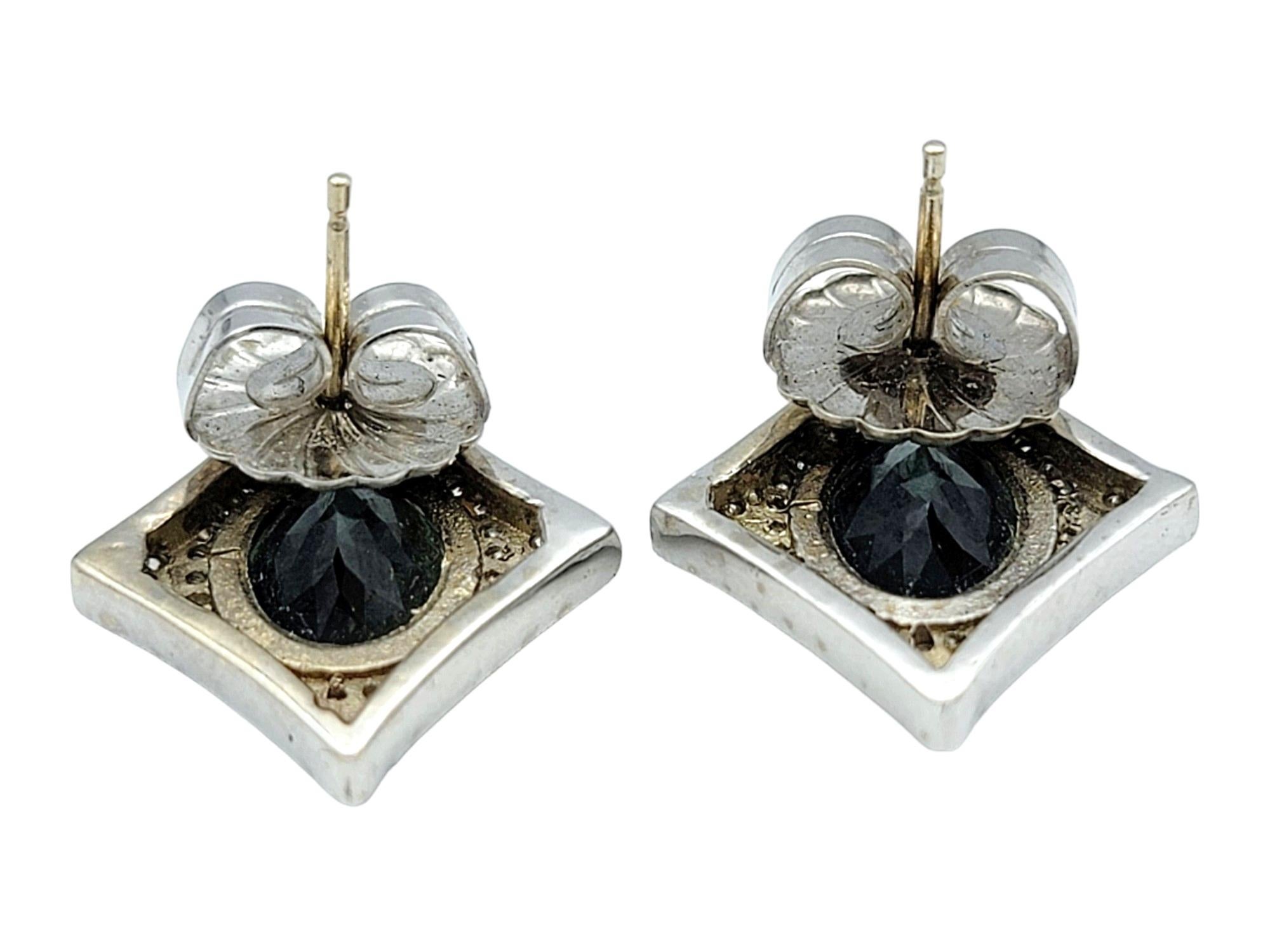 Women's Oval Sapphire and Pavé Diamond 4 Point Star Stud Earrings in 14 Karat White Gold For Sale