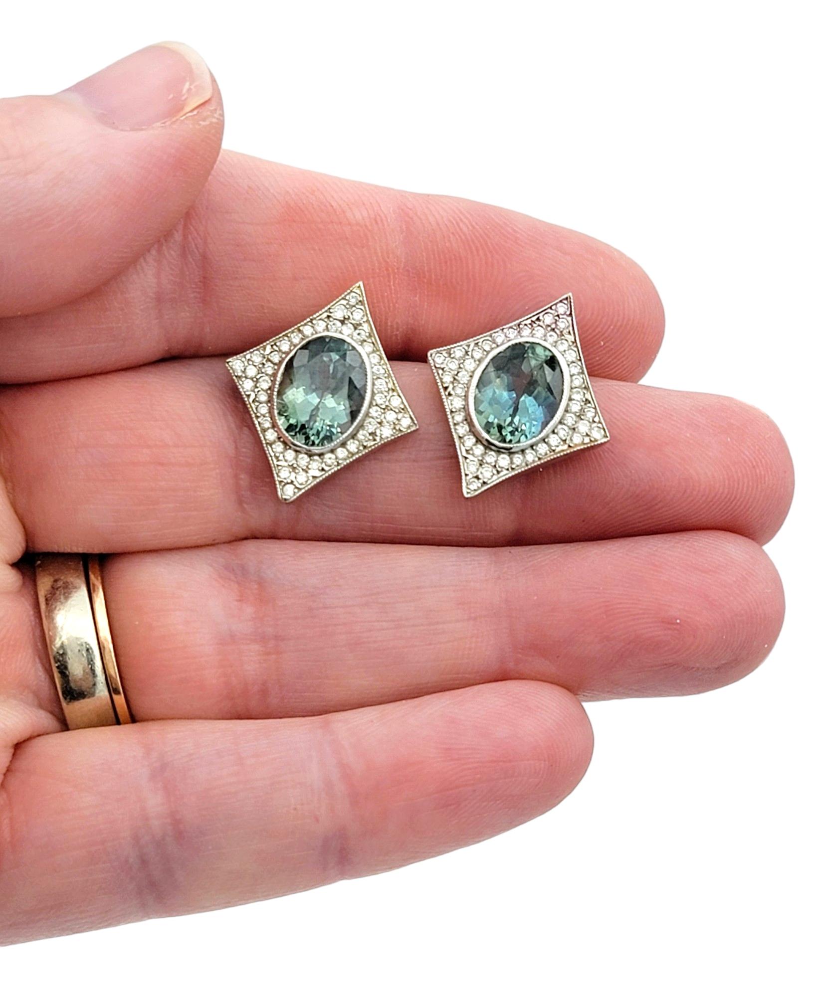 Oval Sapphire and Pavé Diamond 4 Point Star Stud Earrings in 14 Karat White Gold For Sale 1